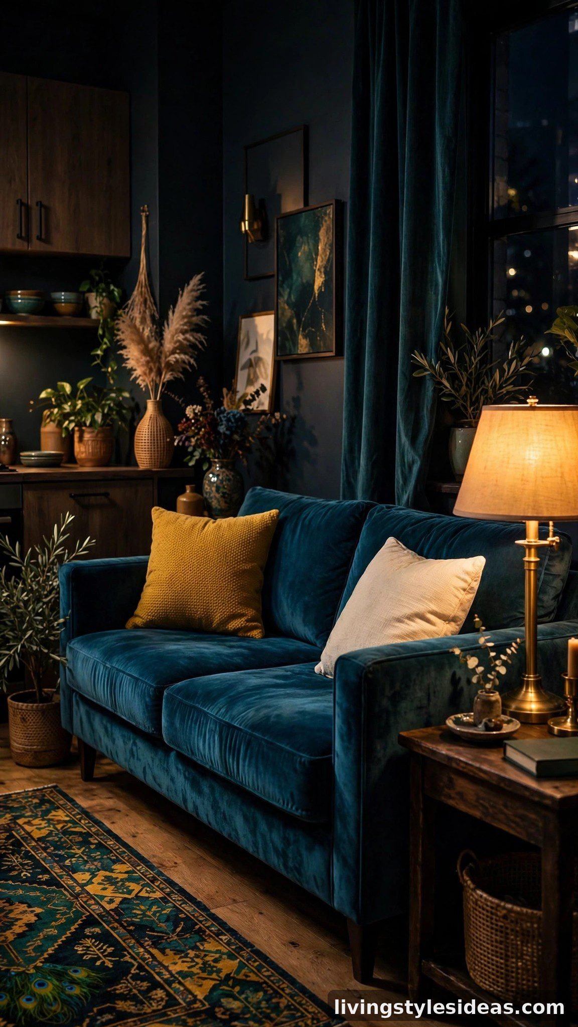 Deep teal velvet sofa with mustard cushions in a dramatic studio