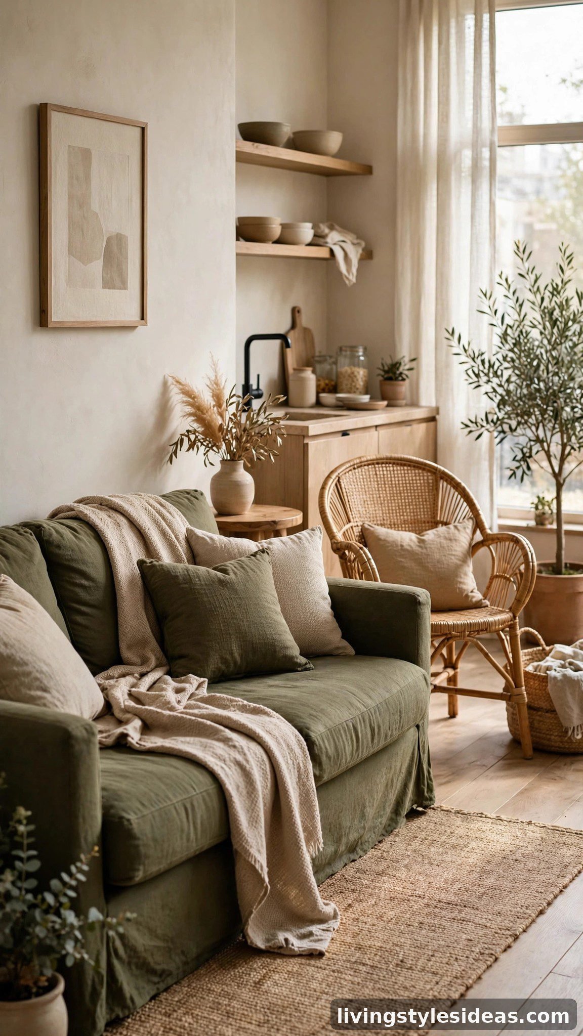 Olive green sofa with beige throw and rattan chair in a studio