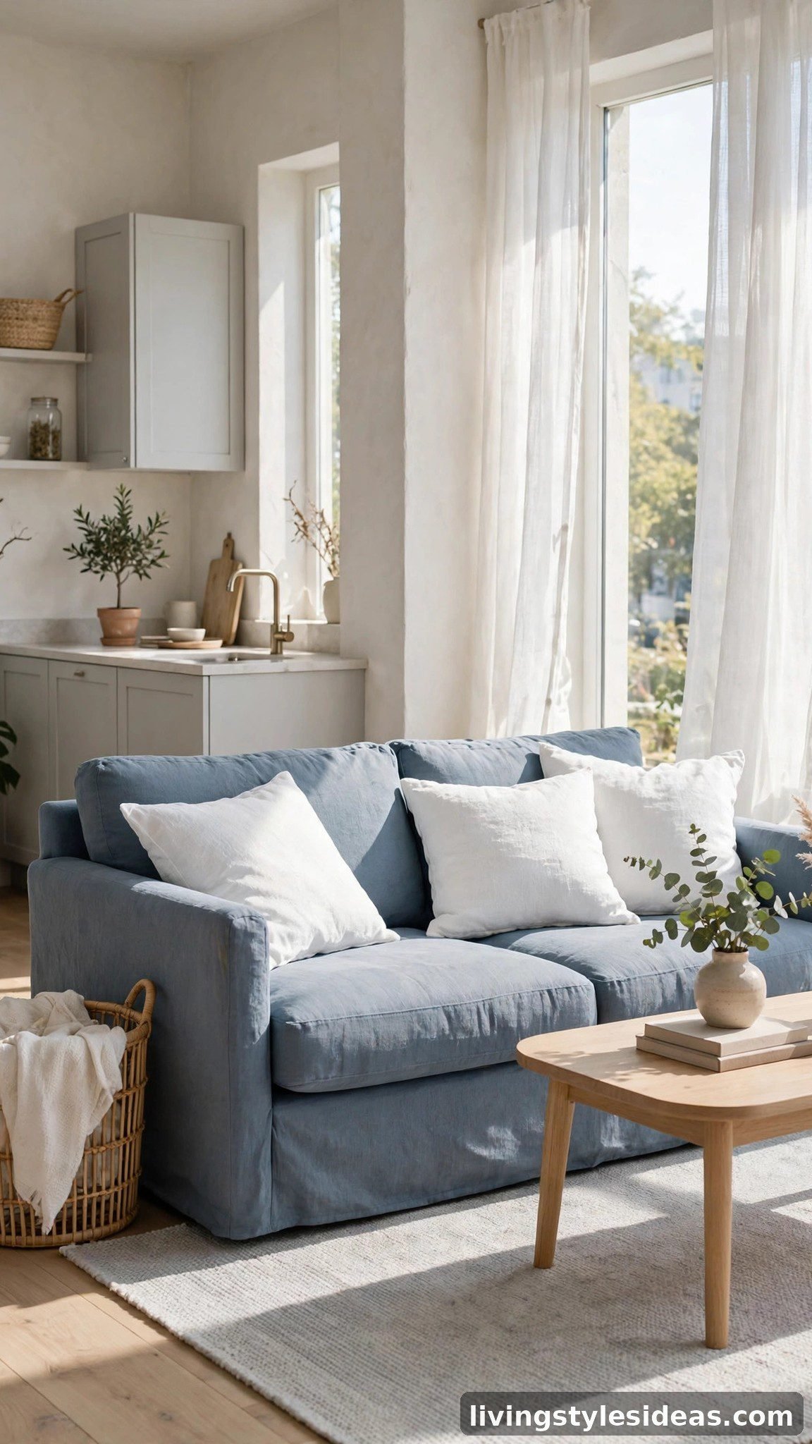 Dusty blue sofa with white cushions in a serene studio apartment