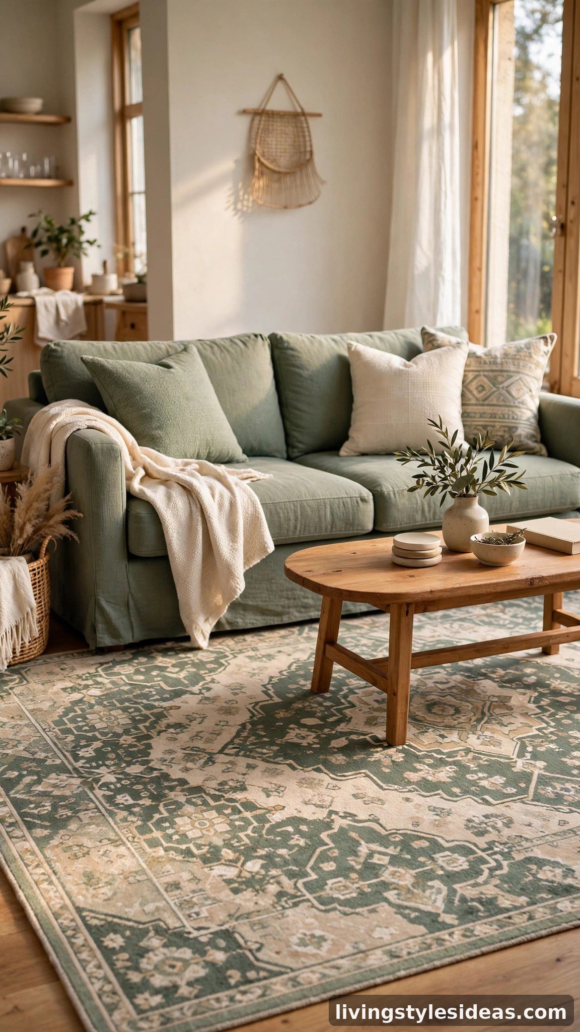 Sofa color pulled from a patterned area rug's palette in a studio apartment