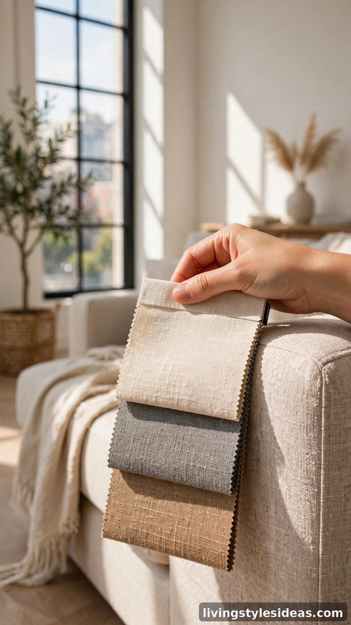 Fabric sofa swatches held against a sofa armrest in bright studio daylight