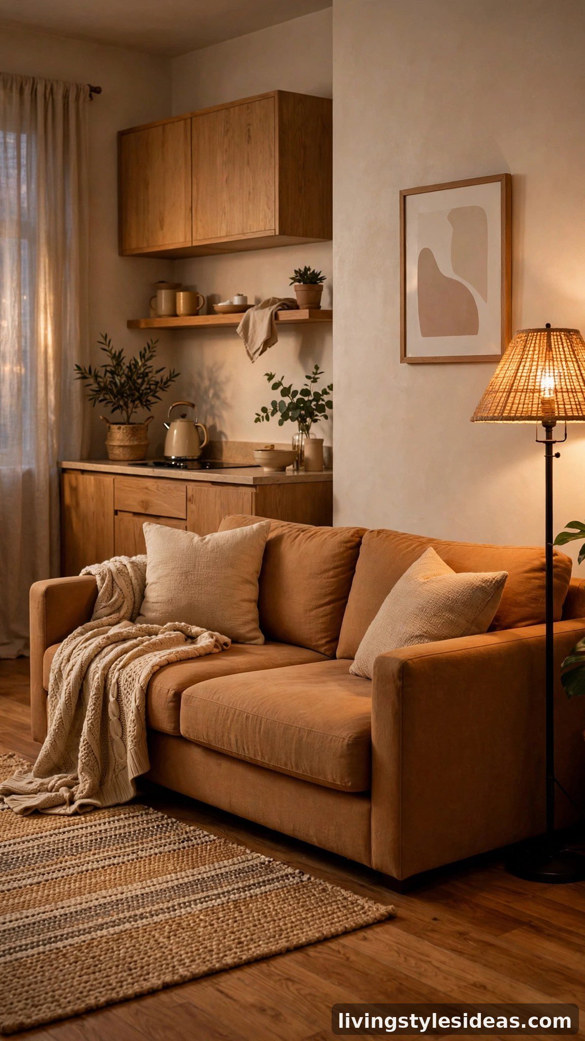 Warm caramel sofa with undertones matching oak wood floors in a studio
