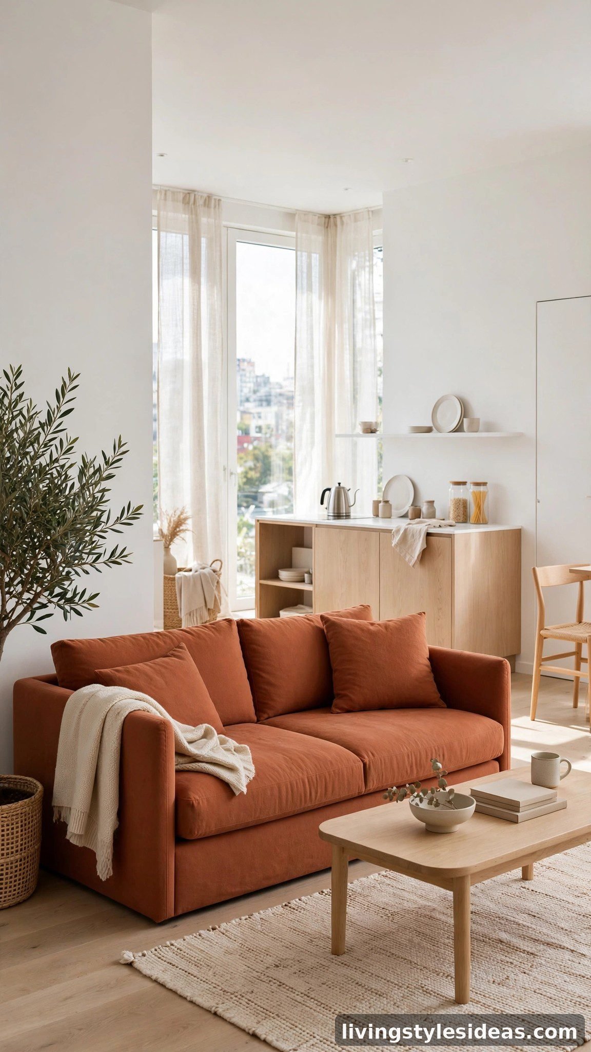 Terracotta sofa popping against bright white studio apartment walls