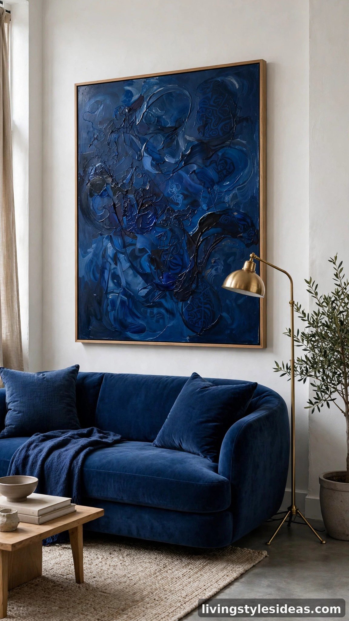 Deep blue velvet sofa echoing the dominant color of large framed wall art