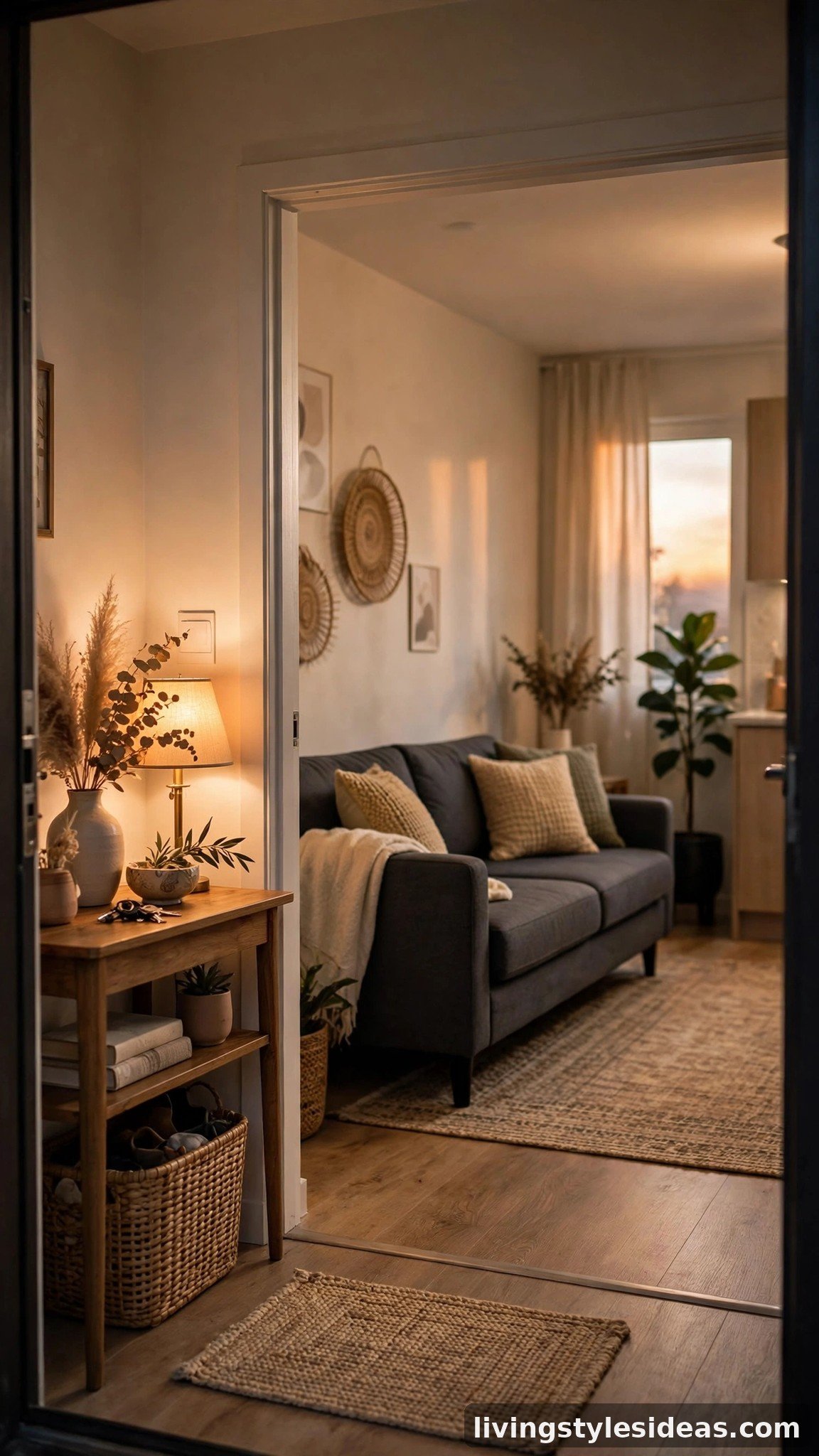 Charcoal grey sofa seen from the front doorway of a studio apartment