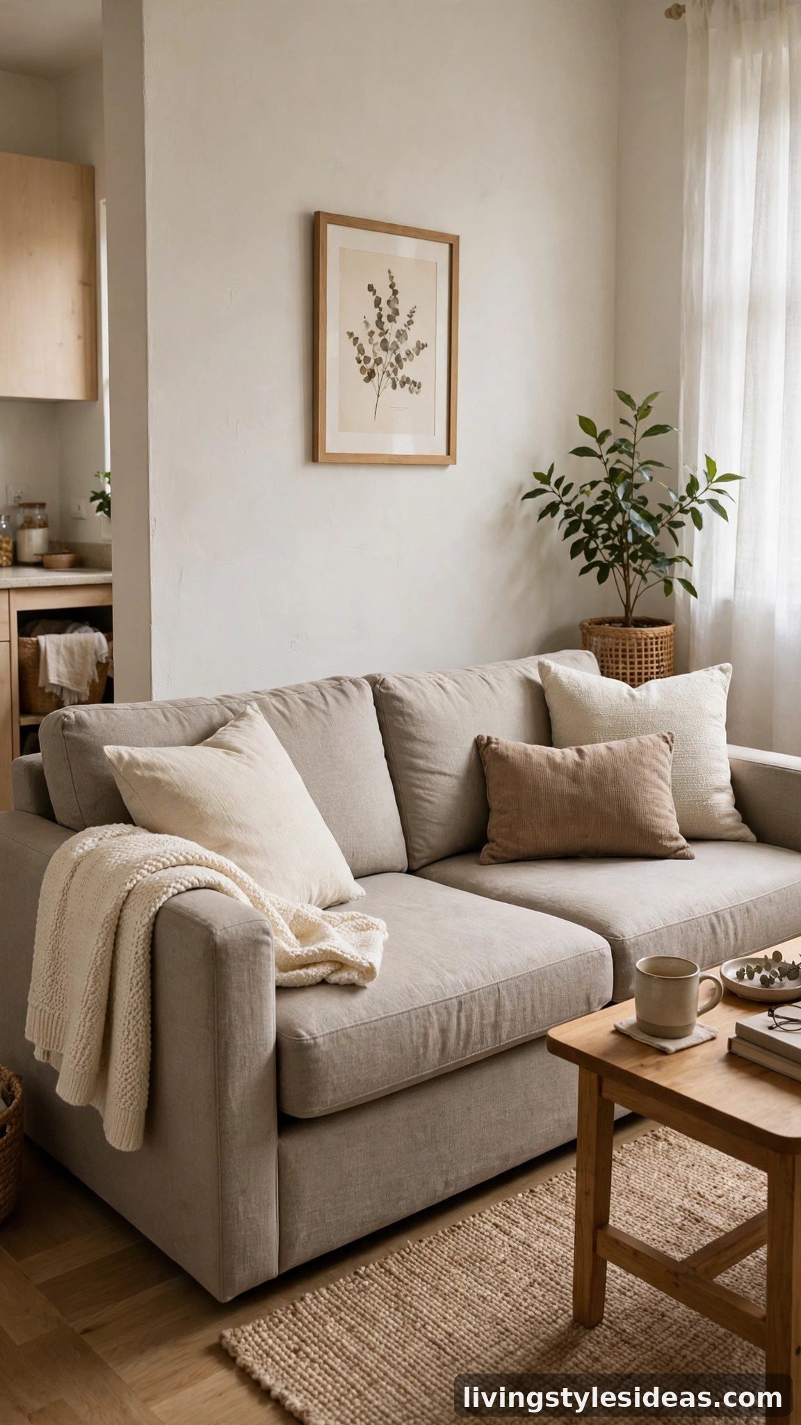 Mid-tone greige sofa that is easy to live with in a small studio apartment