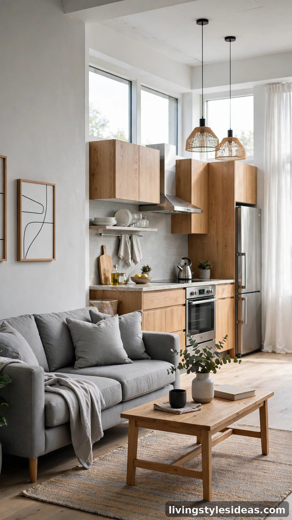 Cool grey sofa coordinating with stainless kitchen finishes in an open-plan studio