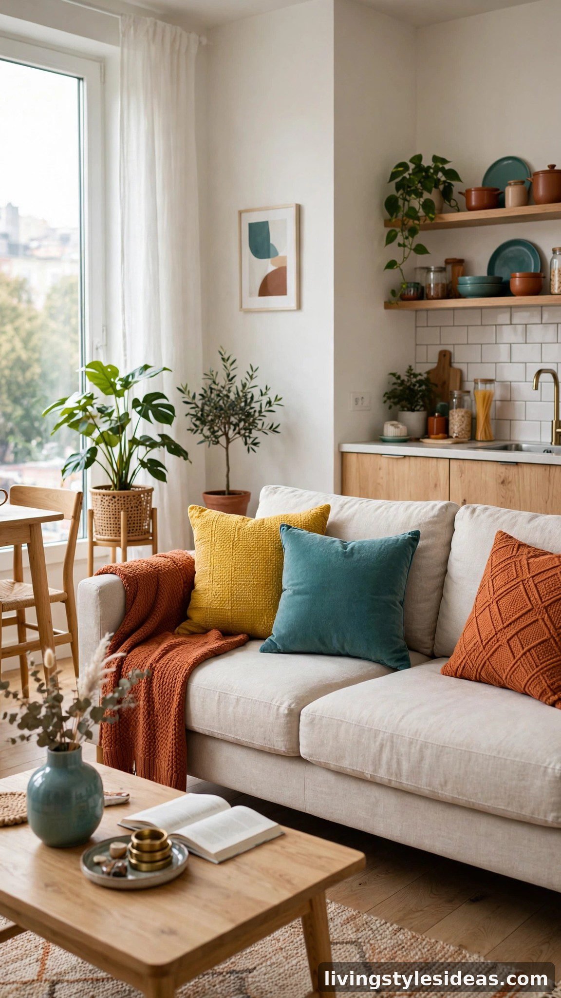 Neutral linen sofa styled with mustard, teal and rust cushion covers