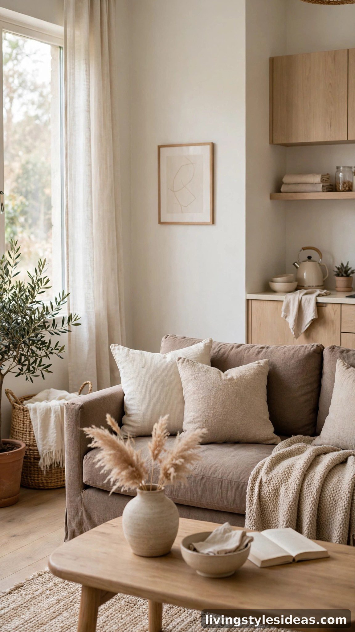 Warm taupe sofa two shades deeper than pale studio walls for definition