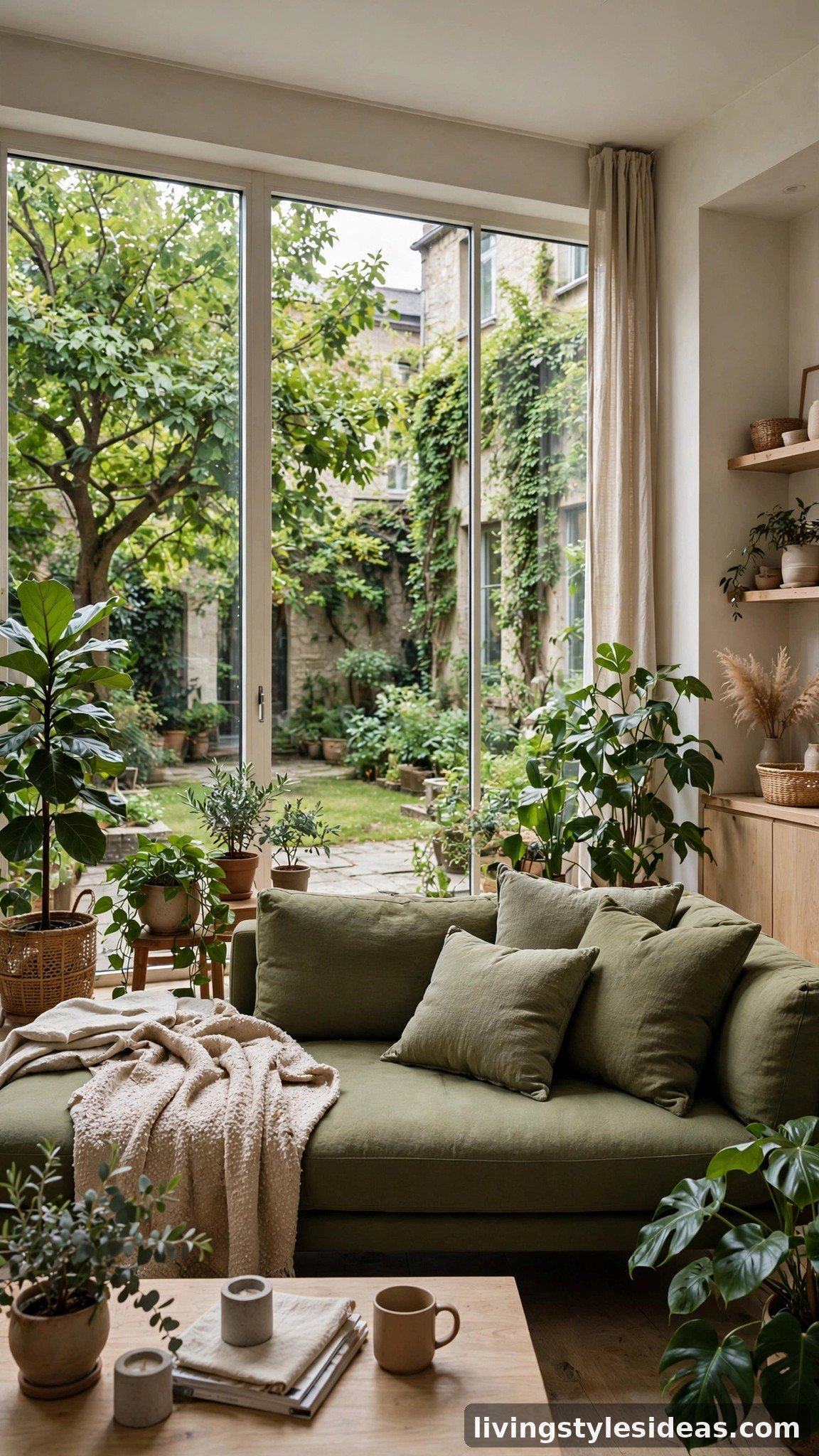 Olive green sofa borrowing its color from the green courtyard view outside