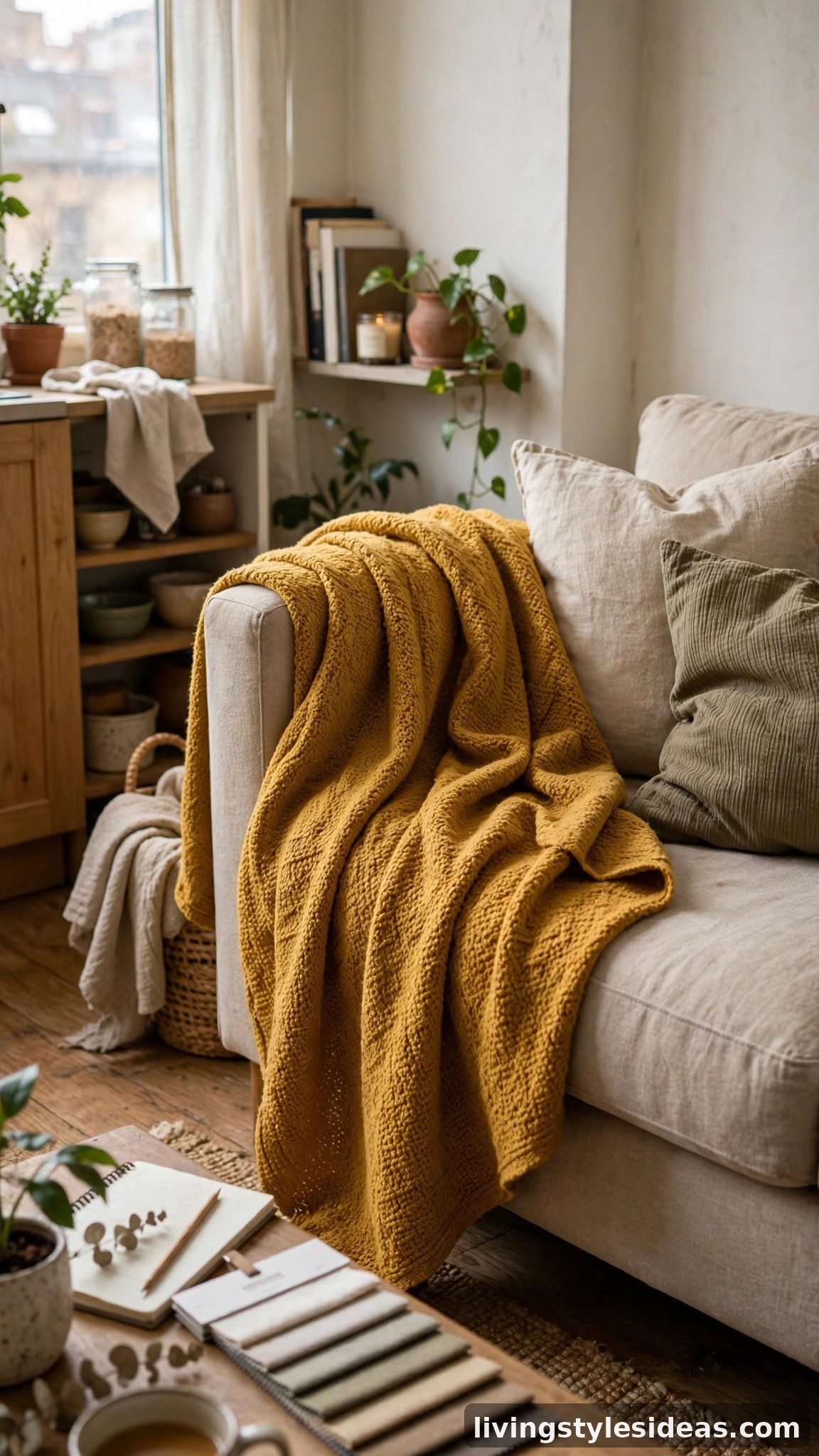 Mustard throw blanket draped over a sofa to test a candidate color