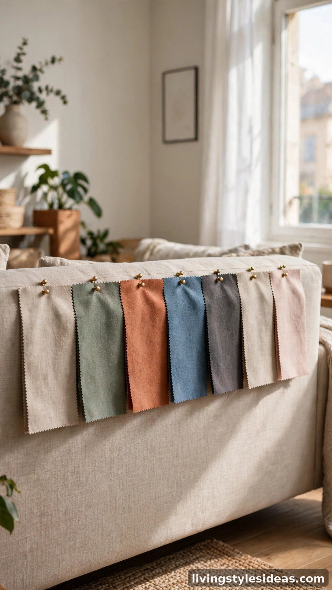 Fabric sofa swatches pinned to a sofa back for a 72-hour color comparison