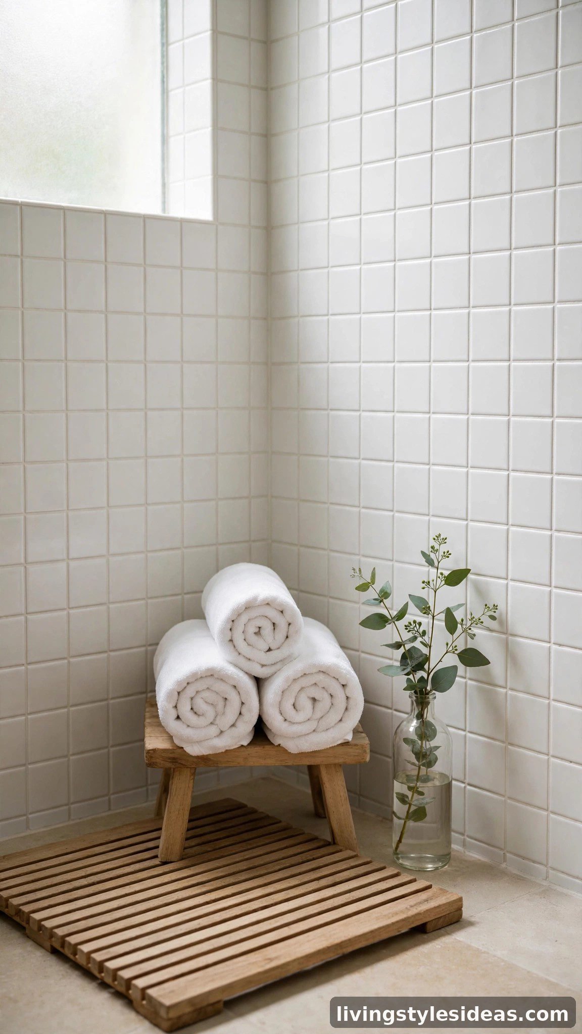 Spa-like bathroom corner with white tiles, rolled towels and eucalyptus in a studio