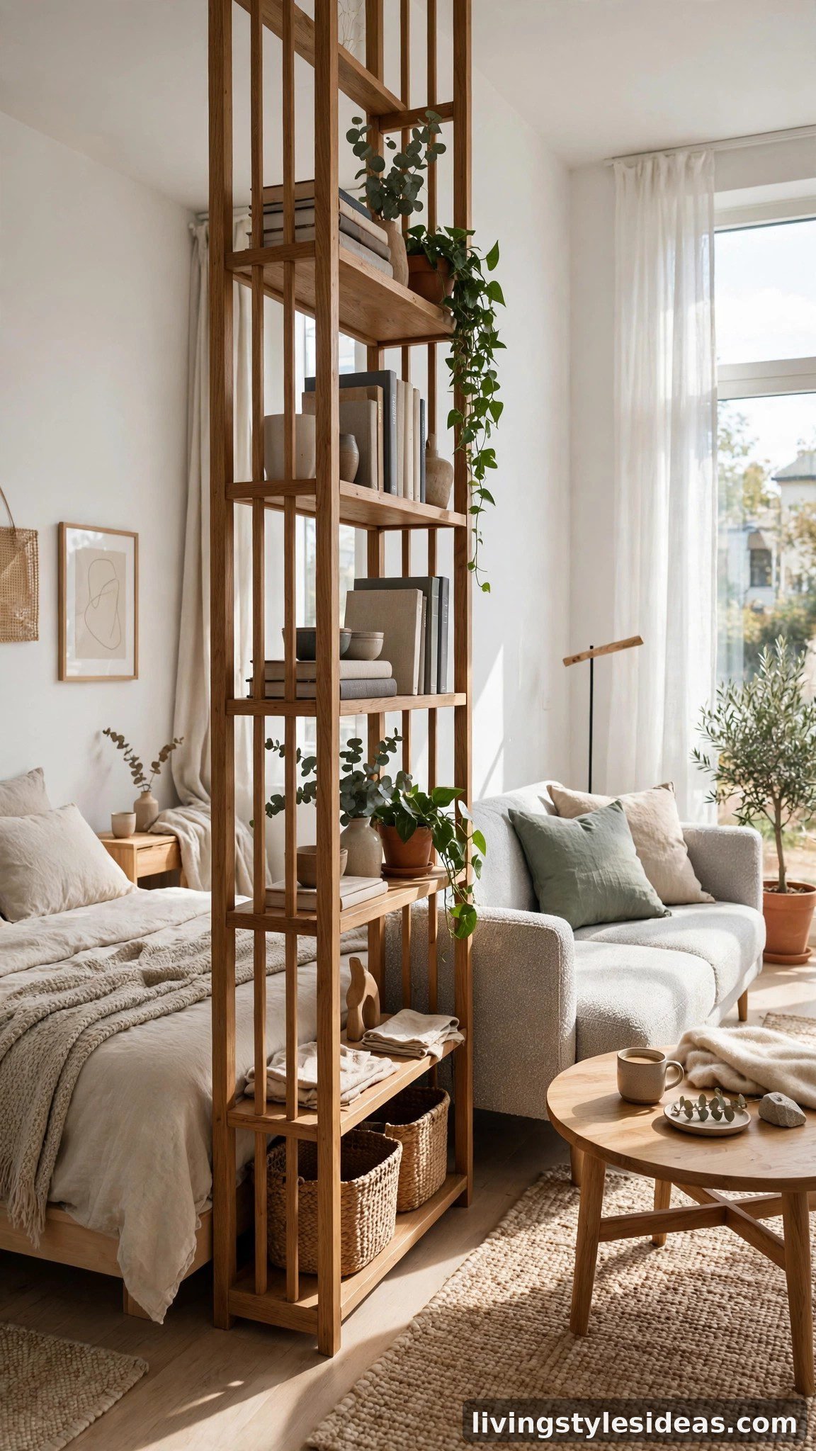 Open bookshelf room divider separating sleeping and living zones in a bright studio apartment