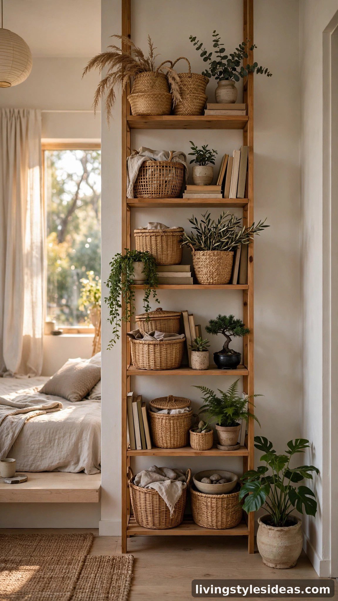 Floor-to-ceiling narrow shelving unit with baskets and books in a small studio apartment