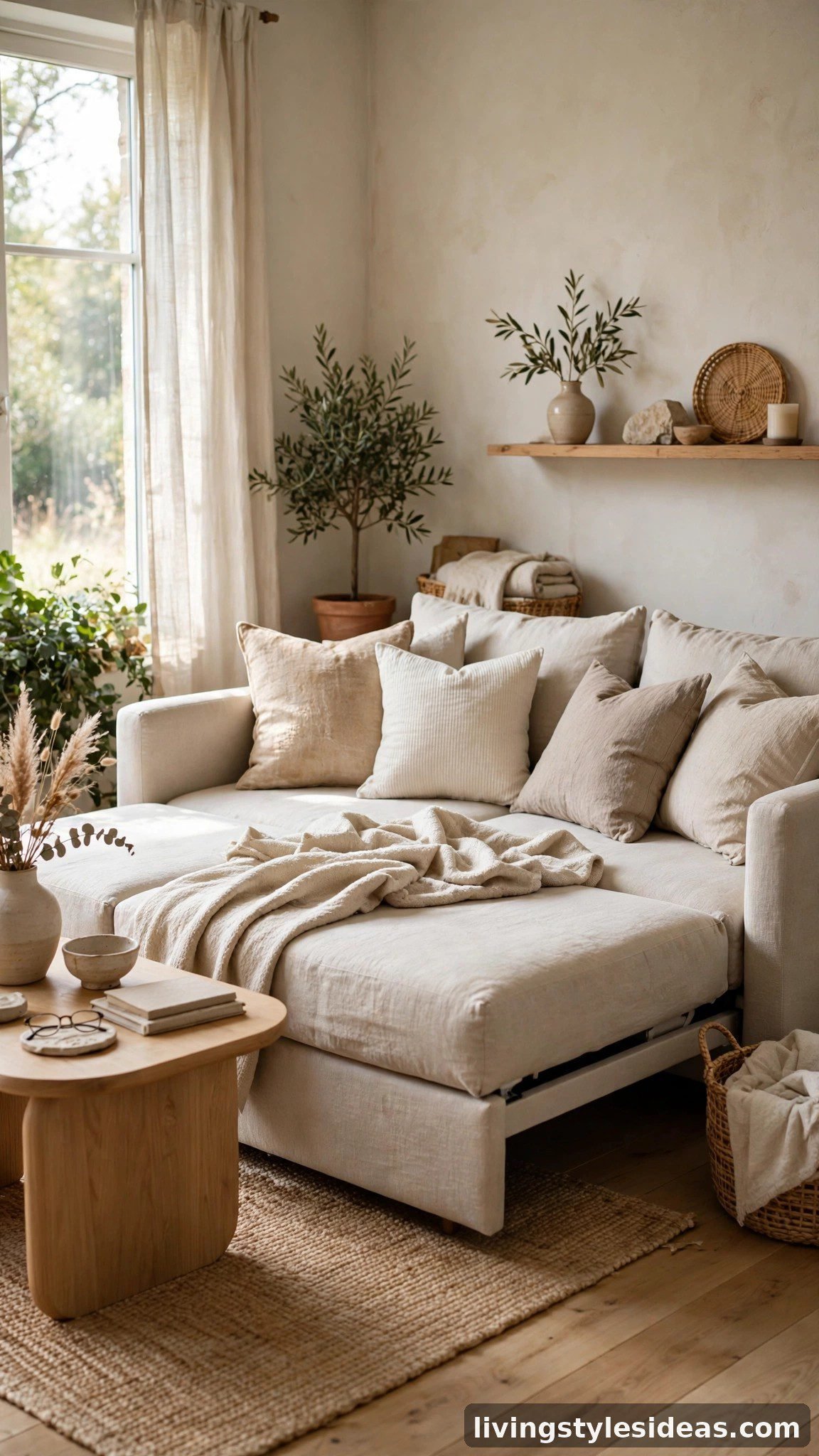 Modern sleeper sofa with throw pillows styled as a daybed in a studio living room