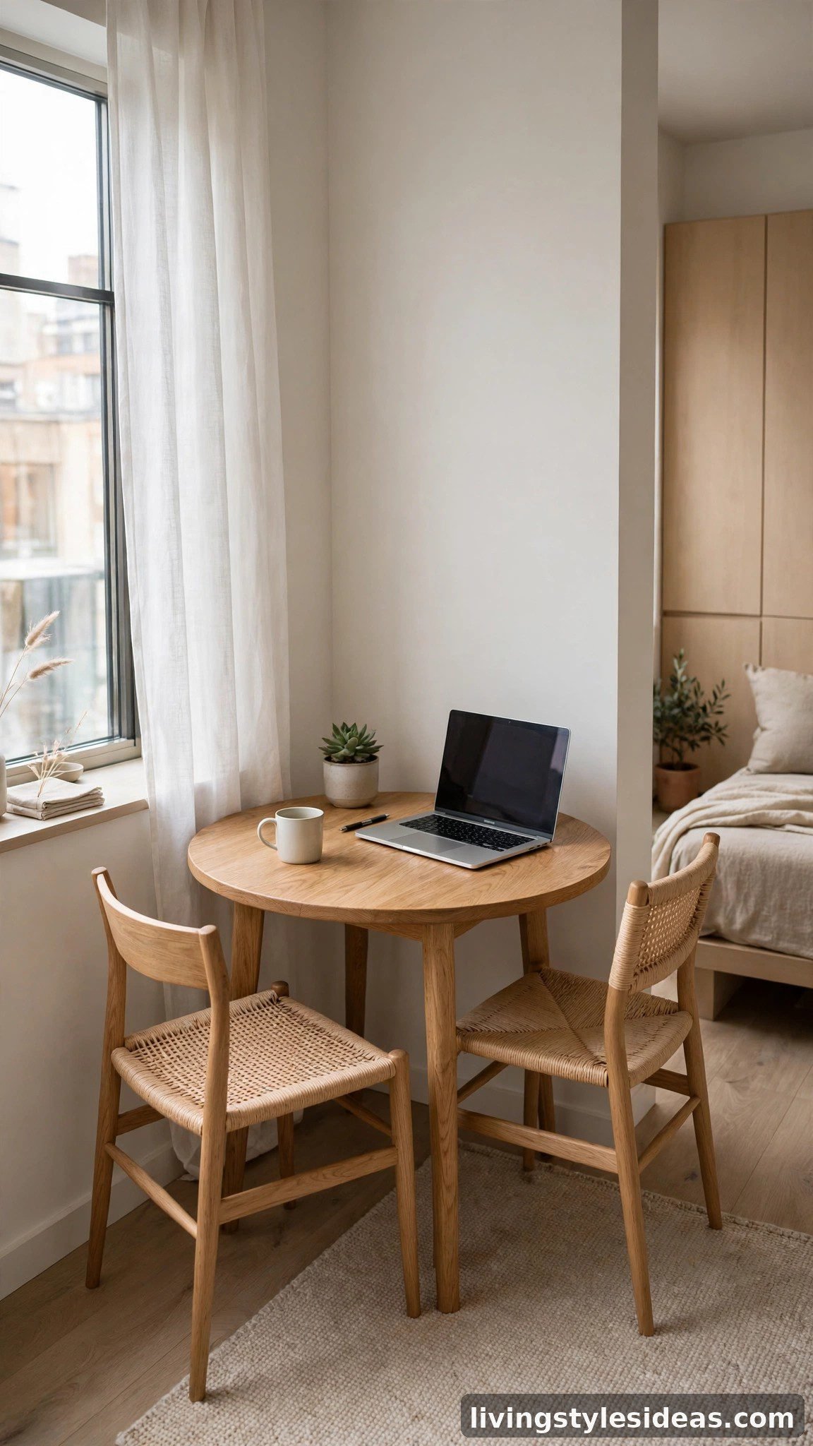 Small round dining table with two chairs tucked in a studio apartment corner