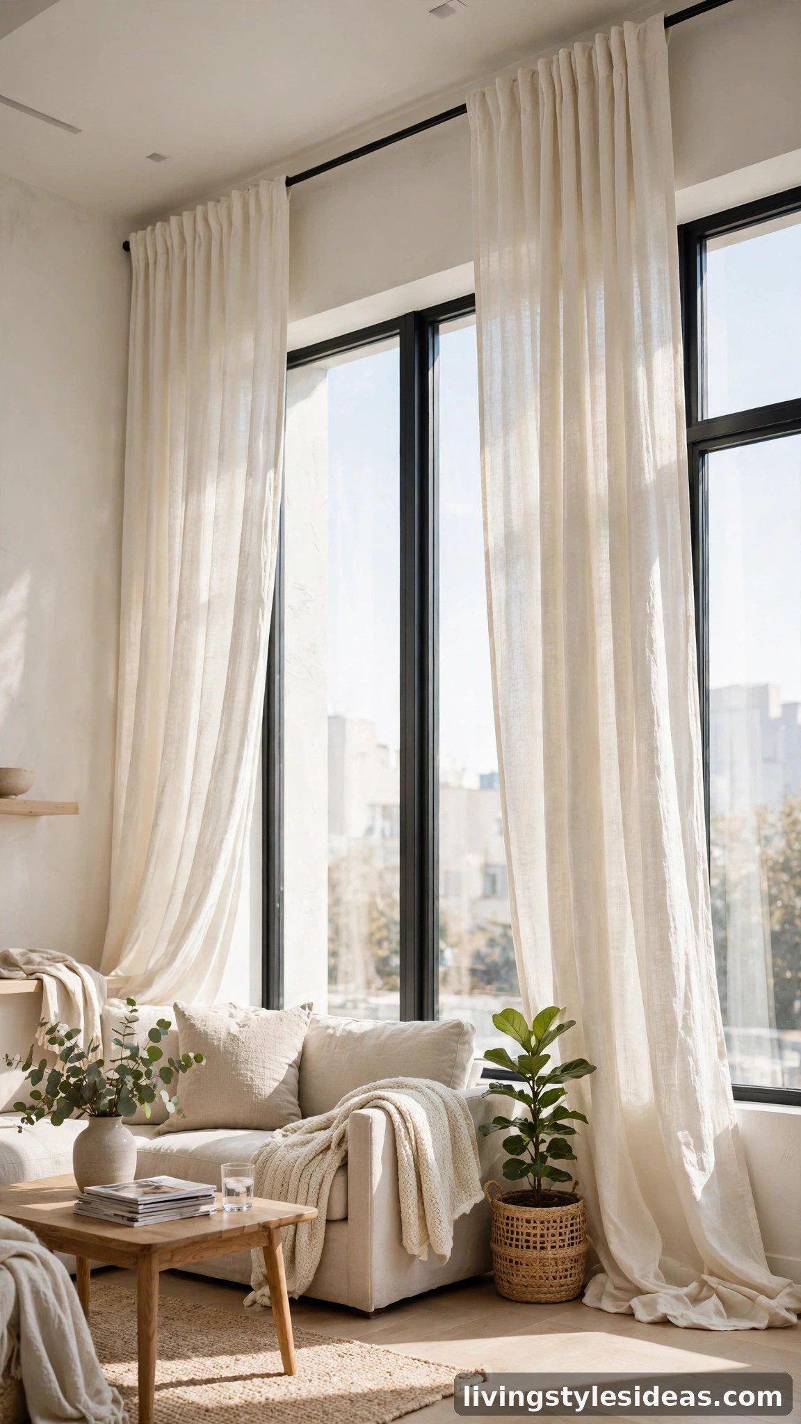 Floor-length linen curtains hung high and wide over a studio apartment window