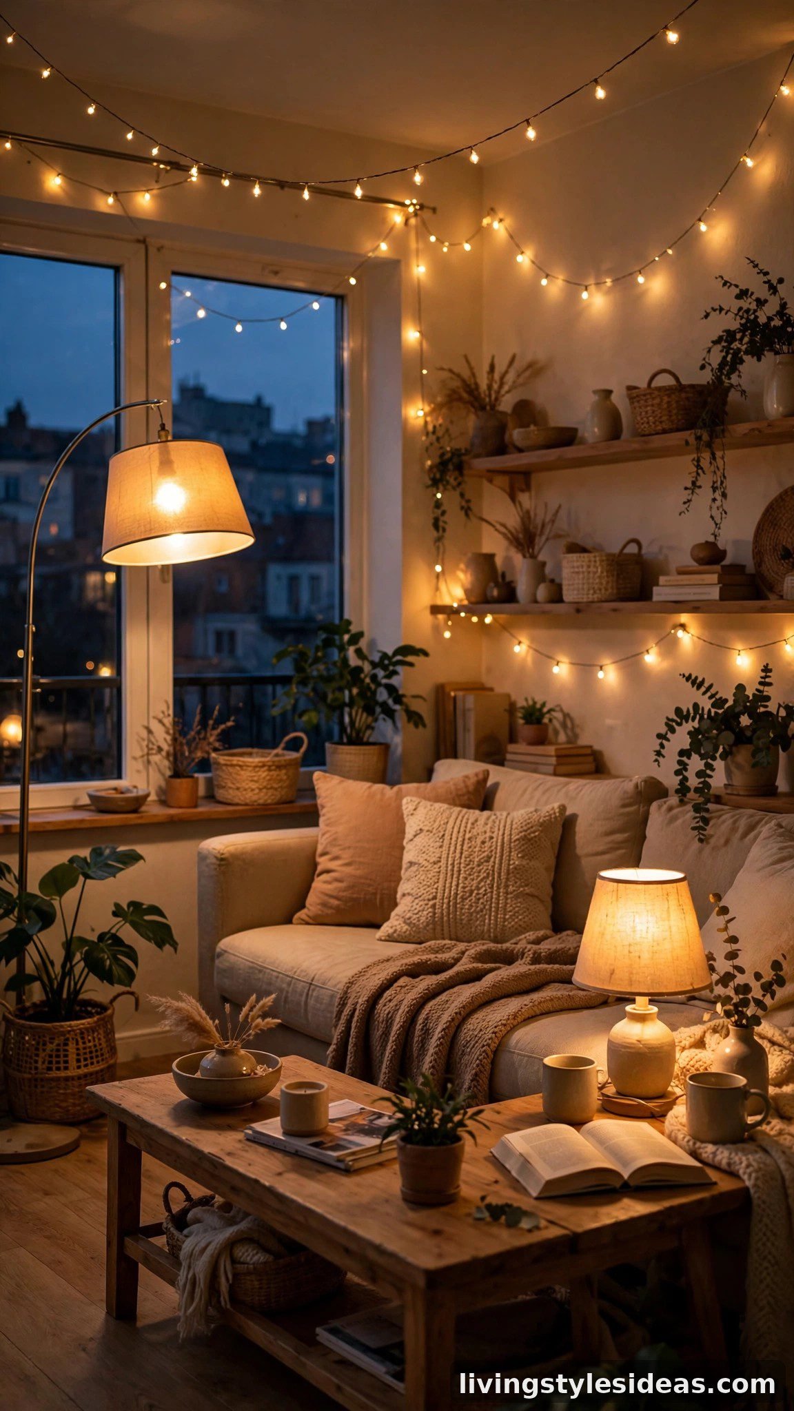 Studio apartment living area with layered warm lighting from floor lamp and table lamps