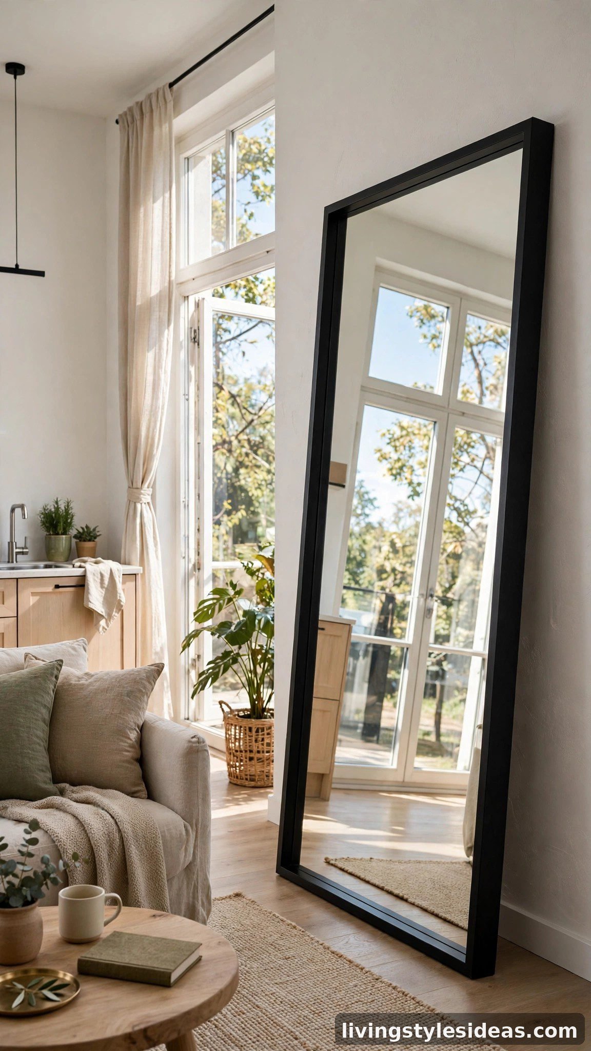 Large leaning floor mirror opposite a window in a bright studio apartment