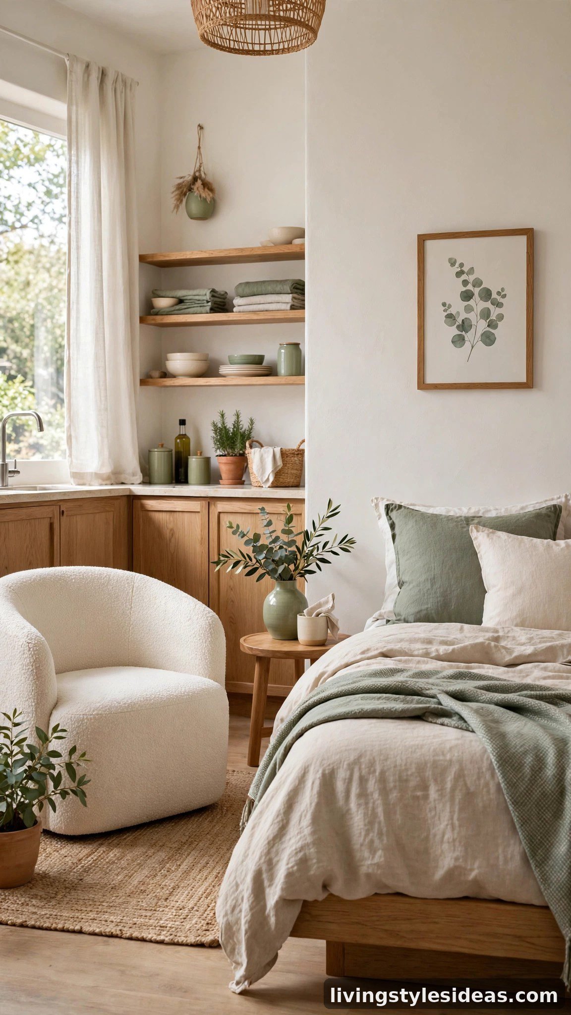 Studio apartment in a cohesive warm white, oak and sage color palette