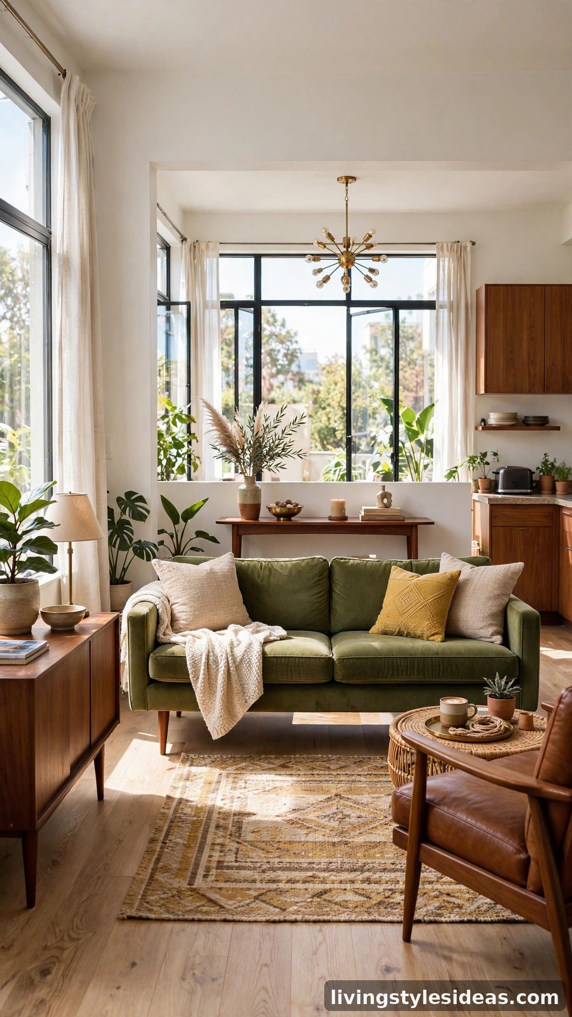 Sofa floated away from the wall creating depth in a small studio living room