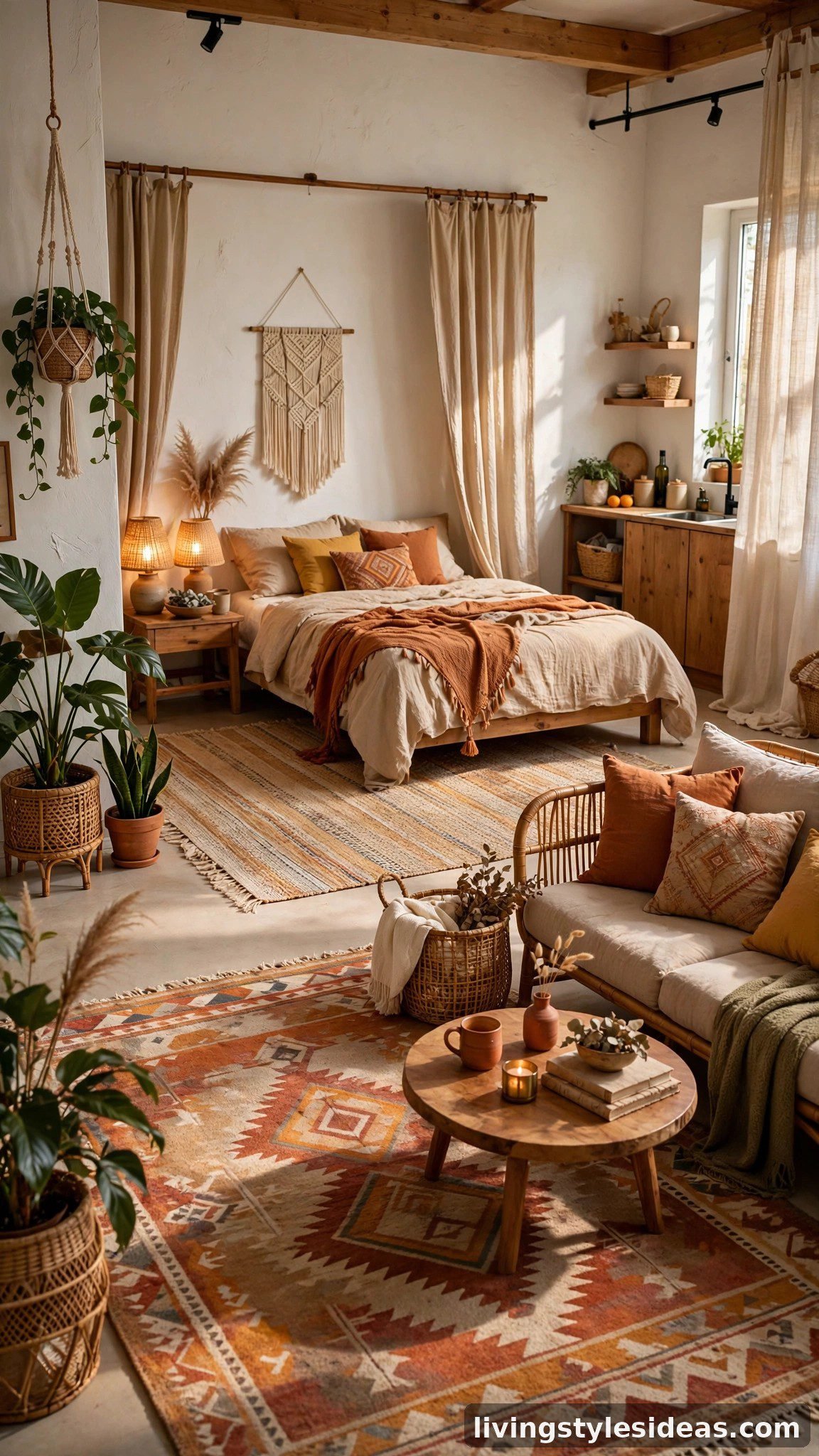 Area rugs defining living and sleeping zones in an open studio apartment