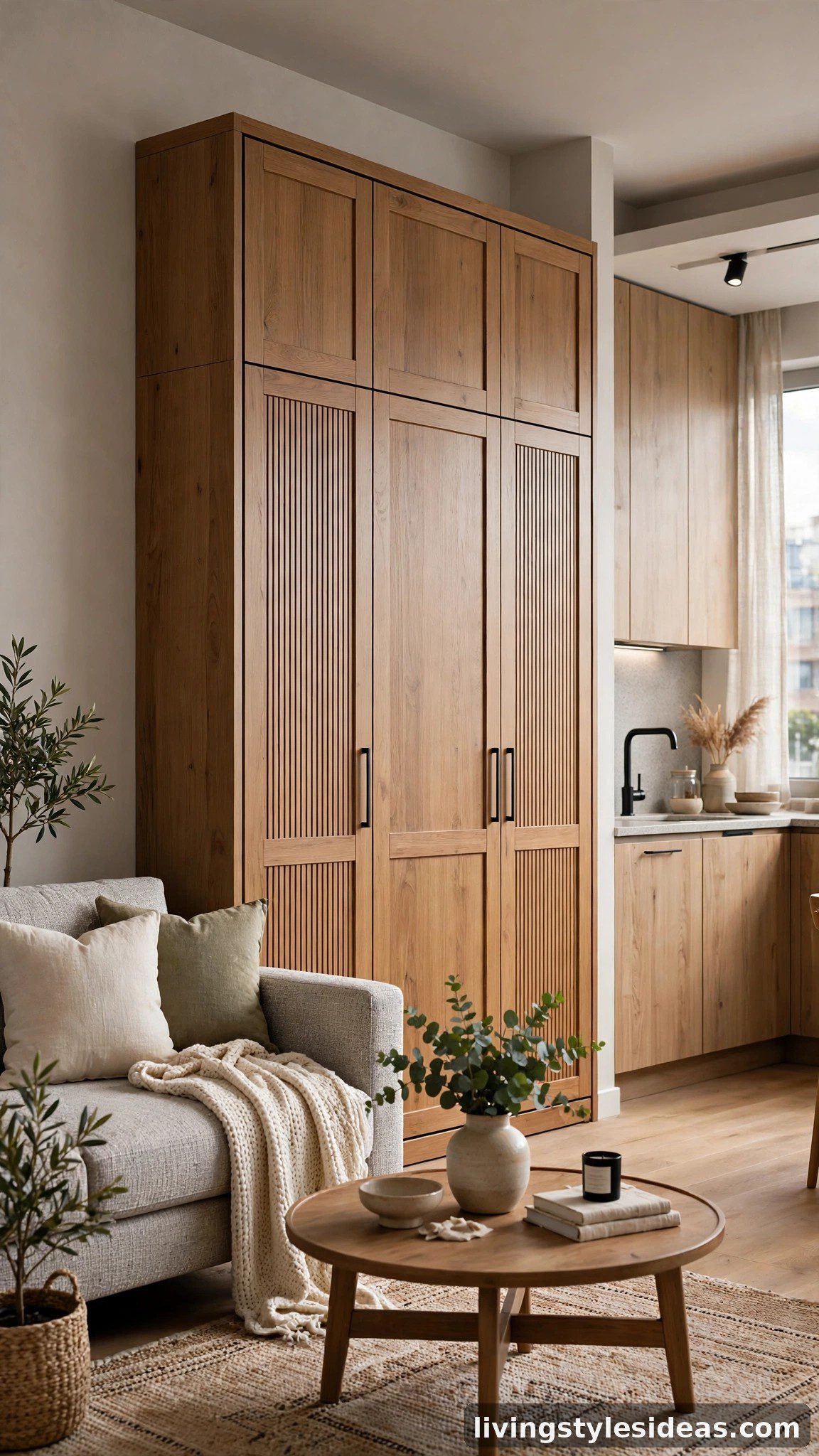 Modern cabinet-style Murphy bed folded up in a studio apartment living area