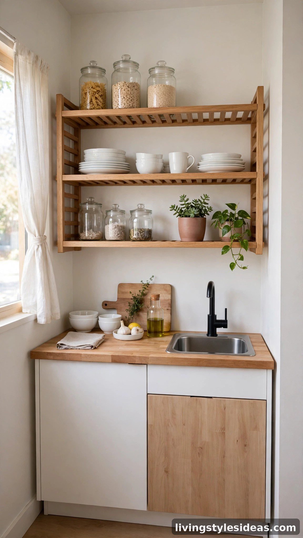 Studio kitchenette with open wooden shelving styled with dishes and jars