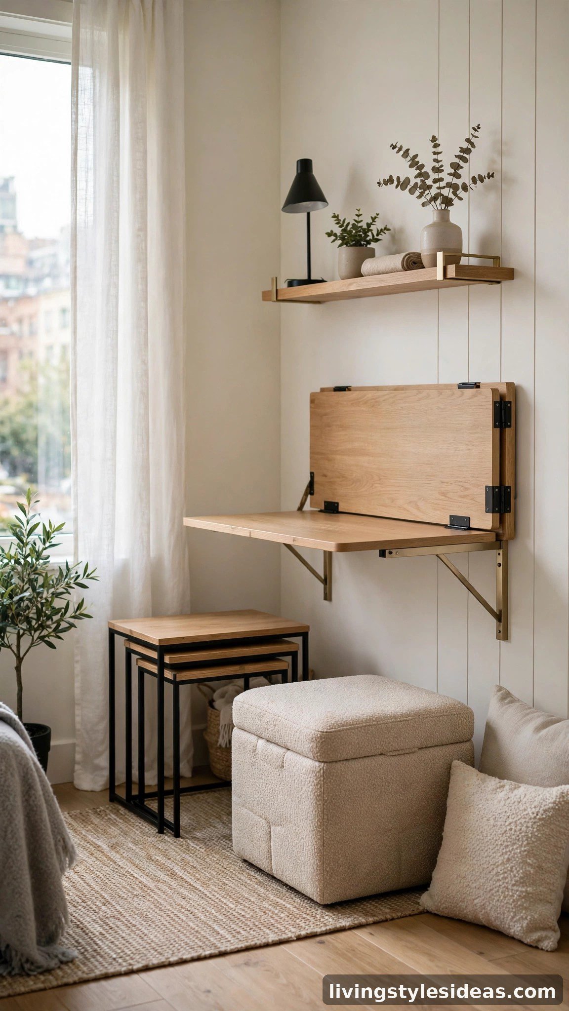 Storage ottoman and nesting side tables in a compact studio apartment