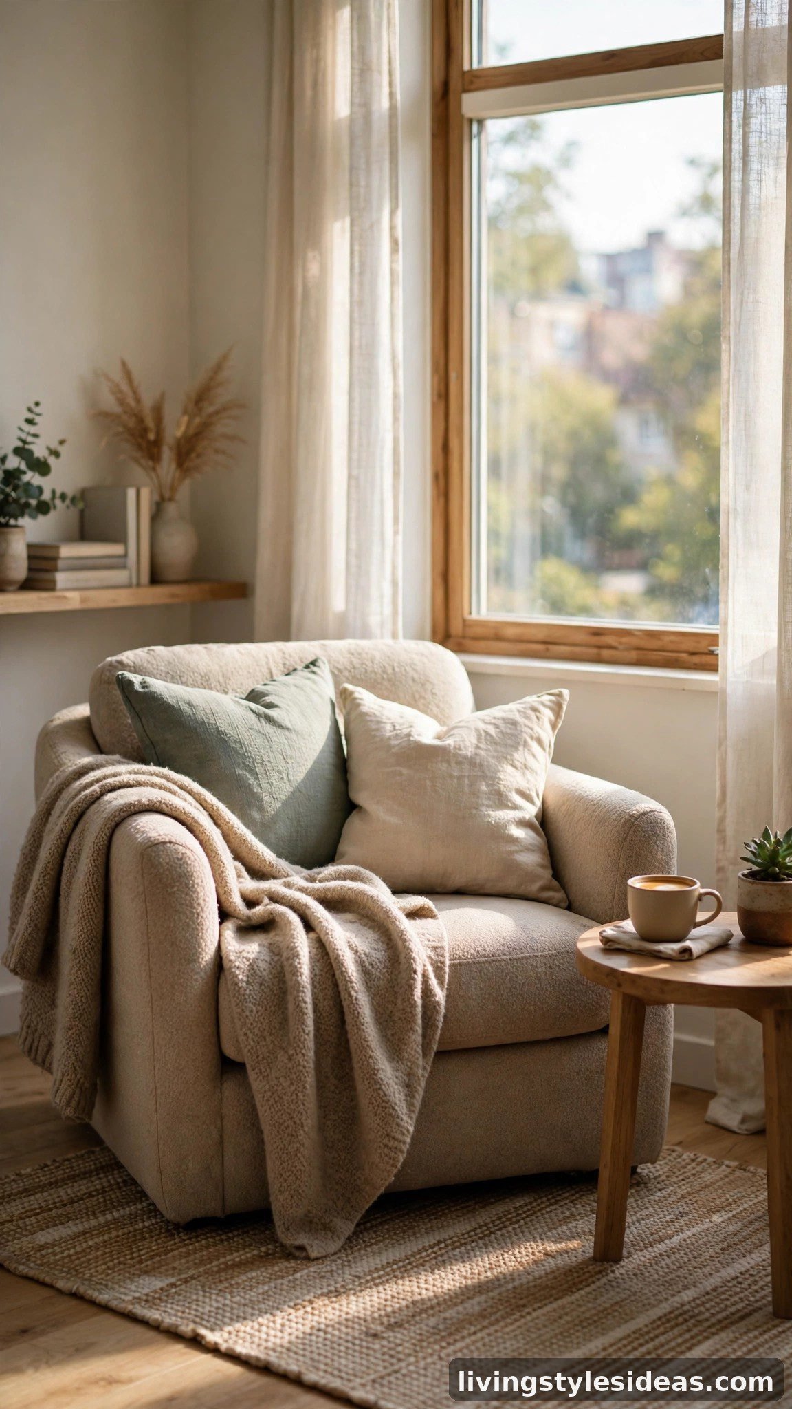 Cozy window reading nook with armchair, side table and throw blanket in a studio