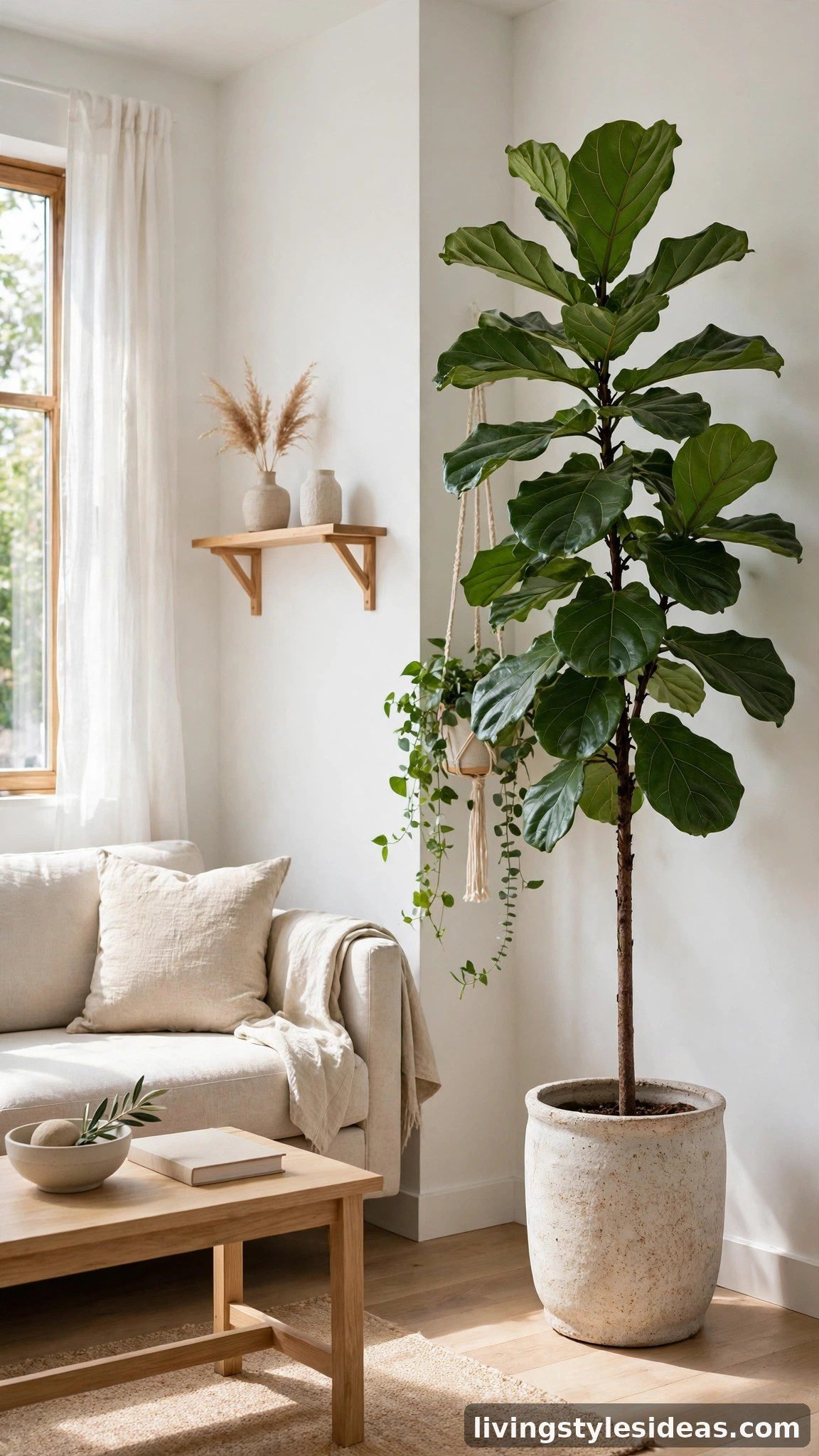 Tall fiddle-leaf fig plant in the corner of a bright studio apartment