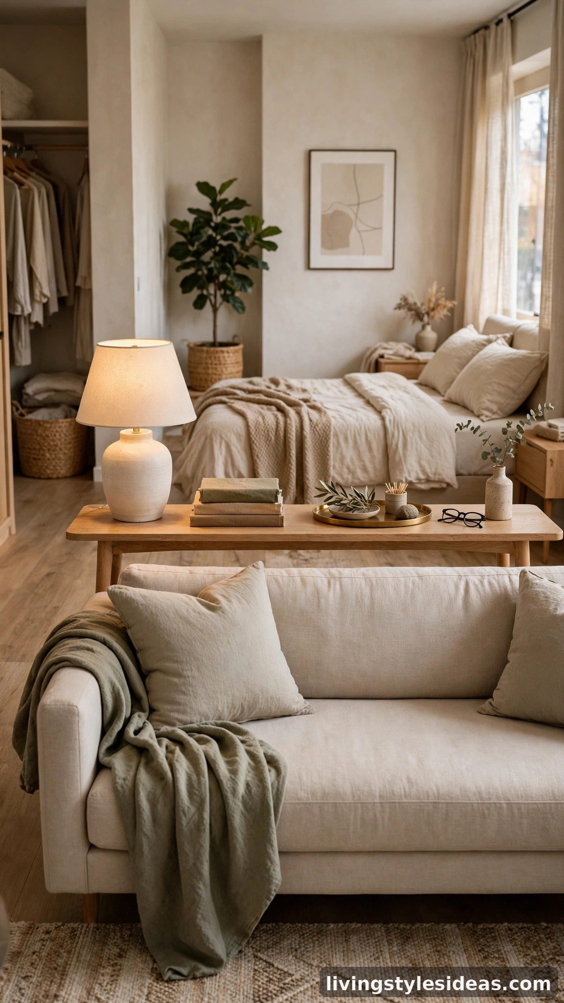 Slim console table behind a sofa dividing living and sleeping zones in a studio