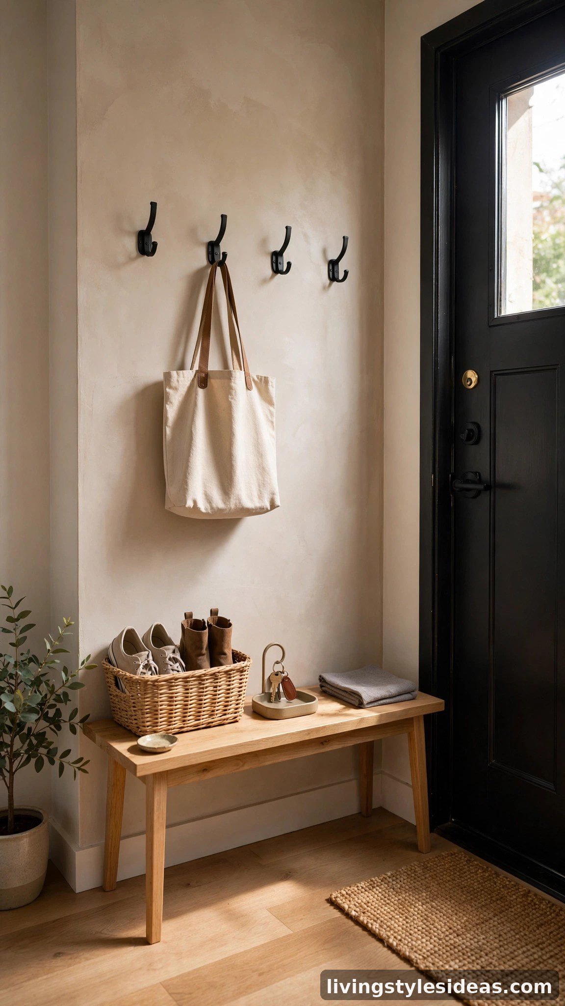 Mini entryway landing strip with bench, wall hooks and shoe basket in a studio