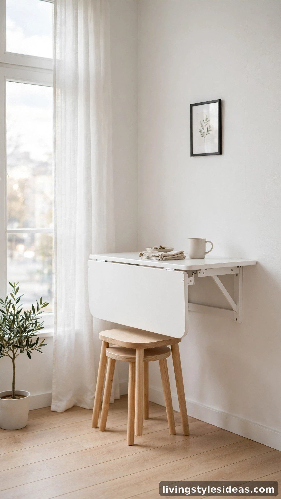 Wall-mounted drop-leaf dining table with nesting stools in a small clean studio