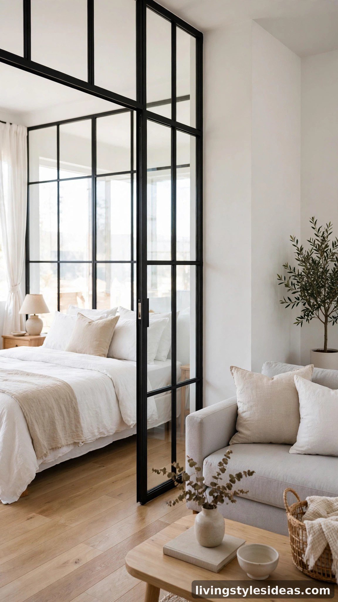 Black-framed glass room divider separating the bed area in a clean studio apartment