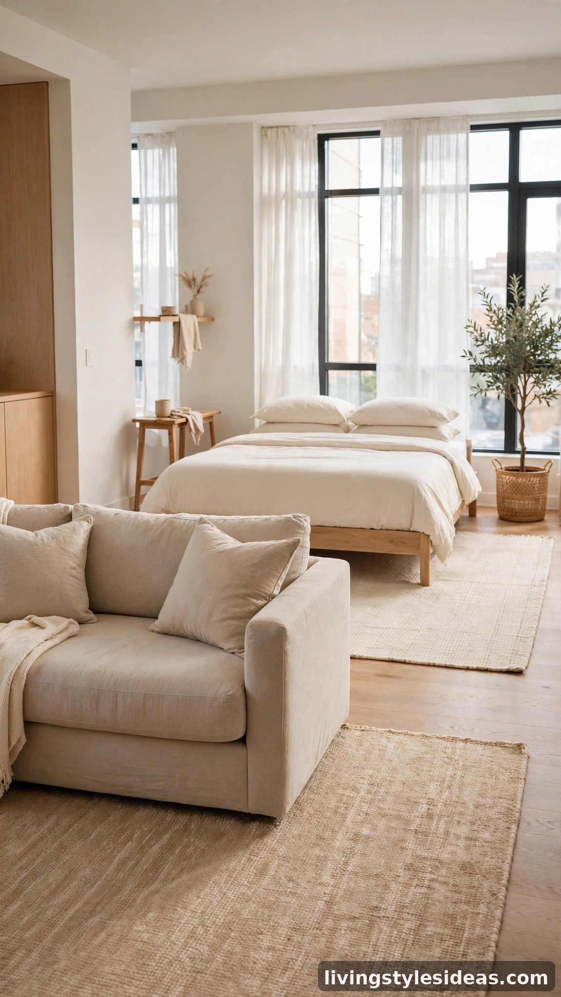 Area rugs defining living and sleeping zones in a bright studio apartment