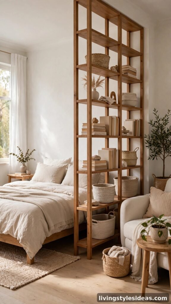 Open bookshelf room divider separating zones in a studio apartment