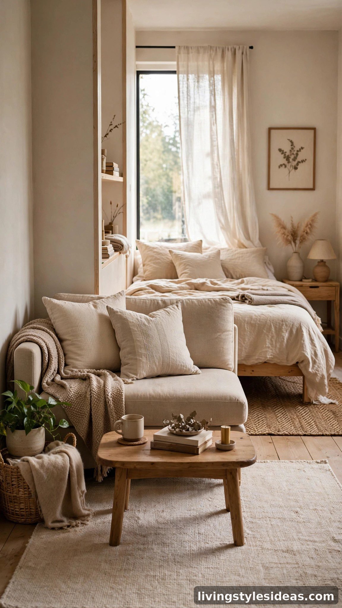 Layered area rugs defining living and sleeping zones in a studio apartment