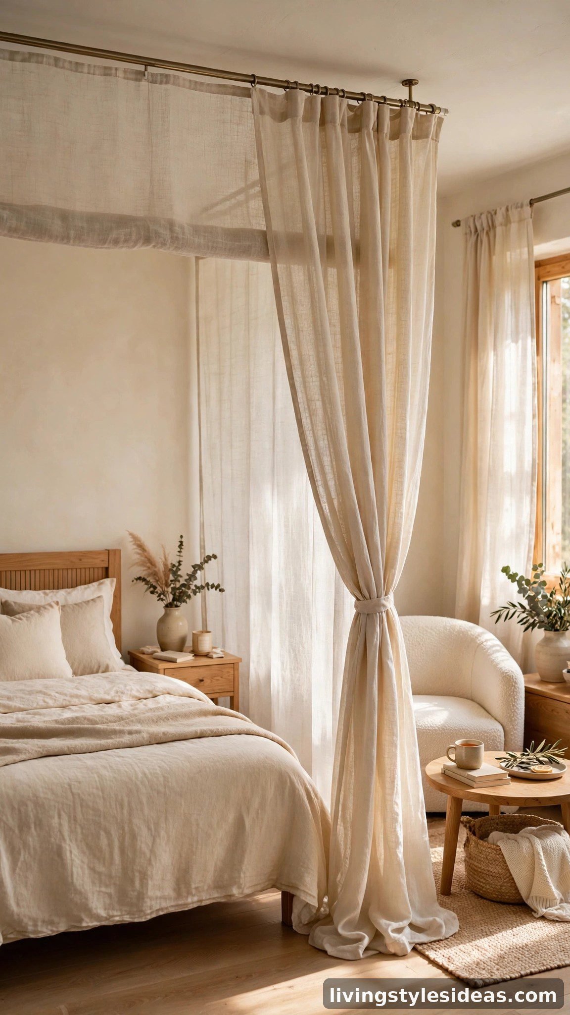 Sheer curtain divider separating the bed from a studio apartment living area