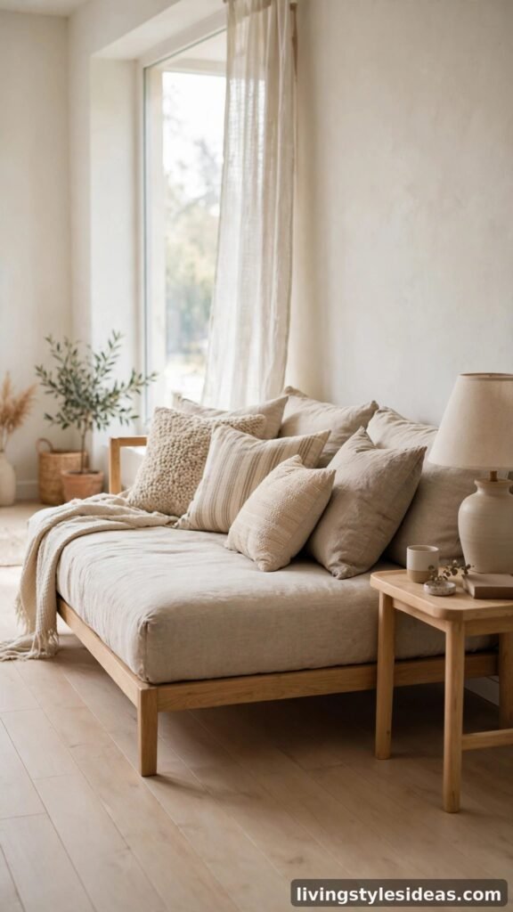 Stylish daybed doubling as a sofa in a small studio apartment