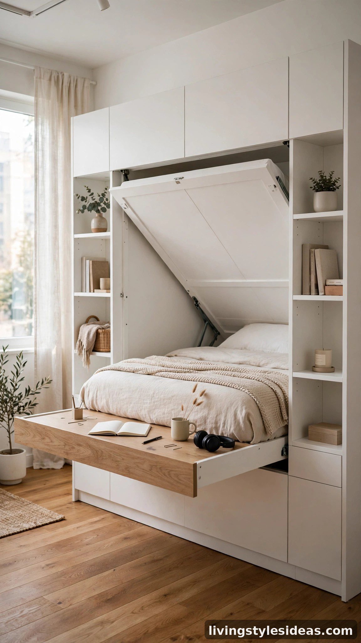 Modern murphy bed folded into a wall cabinet in a small studio apartment