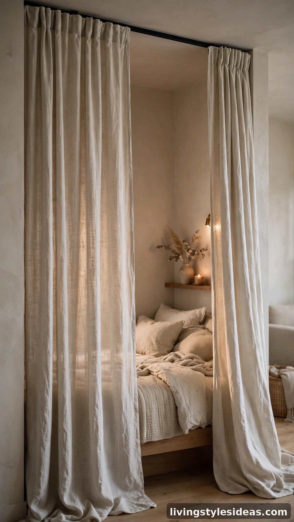 Floor-to-ceiling curtains hiding the bed in a studio apartment