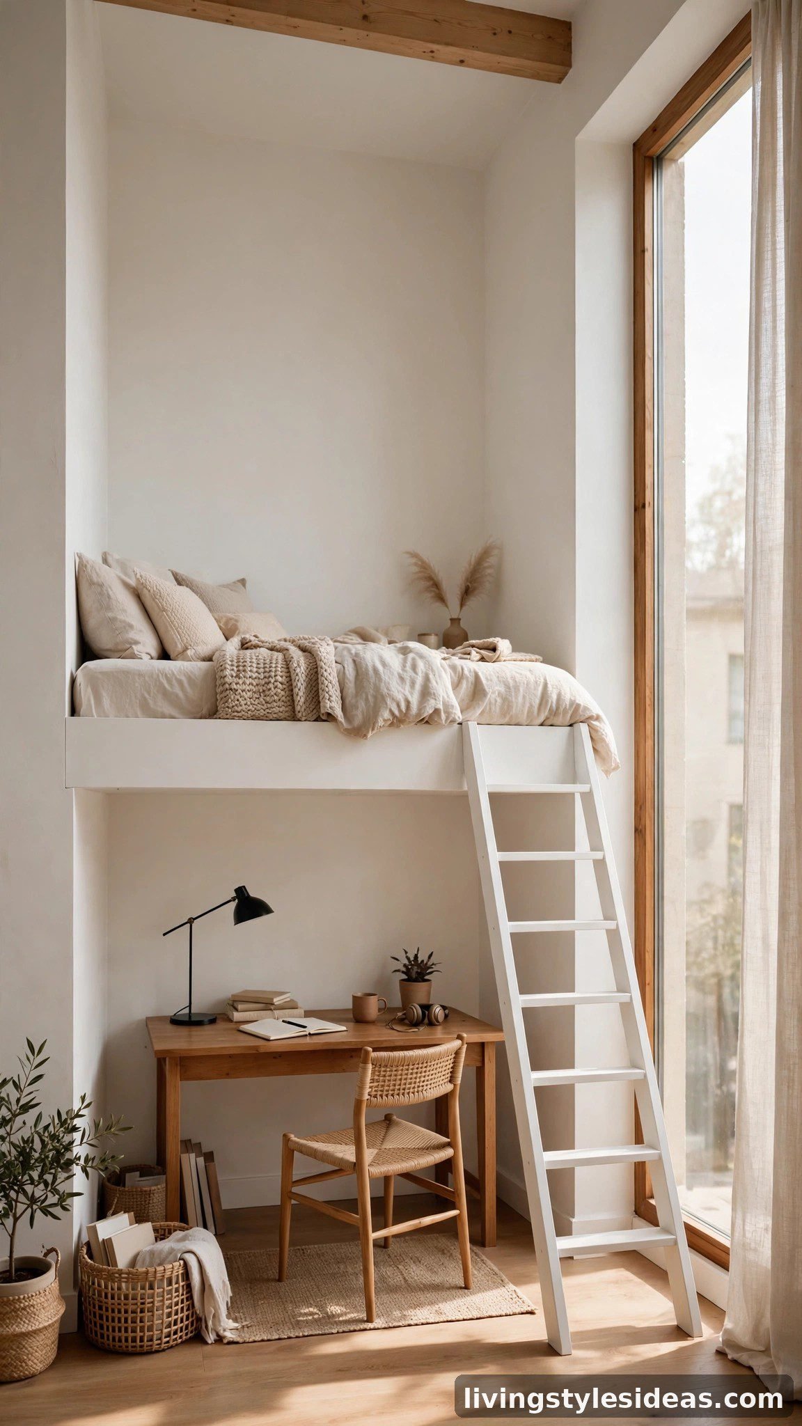 Loft bed with a home office underneath in a studio apartment with high ceilings