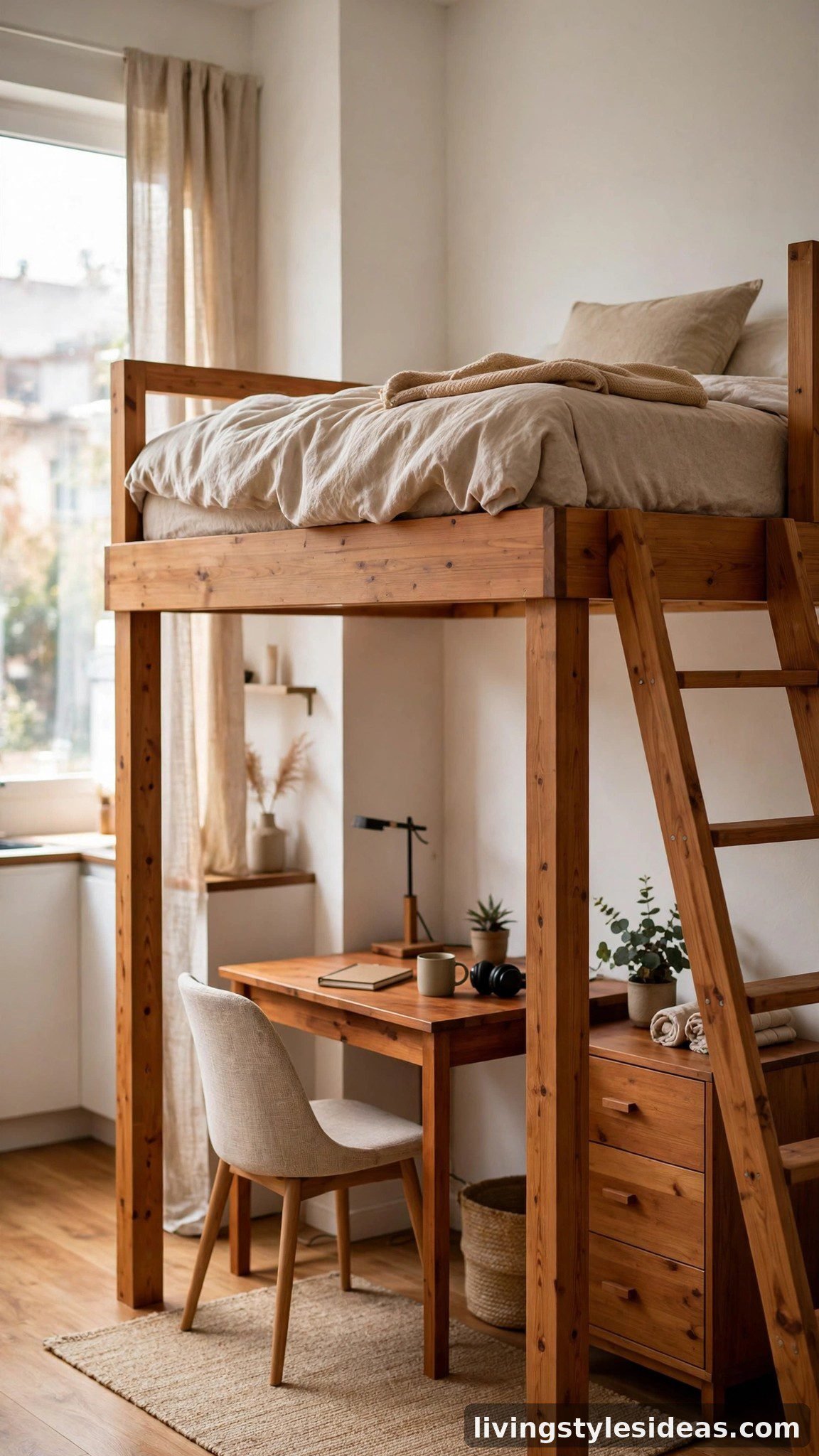 Lofted bed freeing up floor space underneath in a small studio apartment