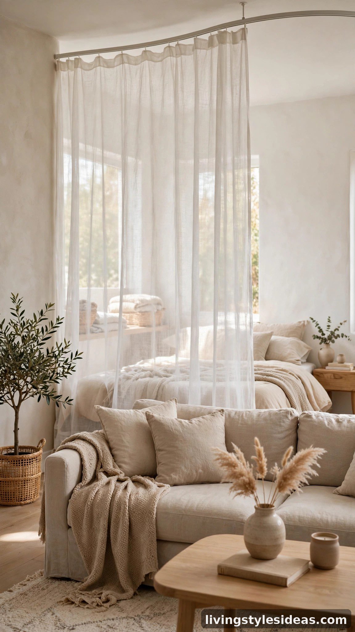 Sheer curtain divider separating the bedroom corner in a studio apartment
