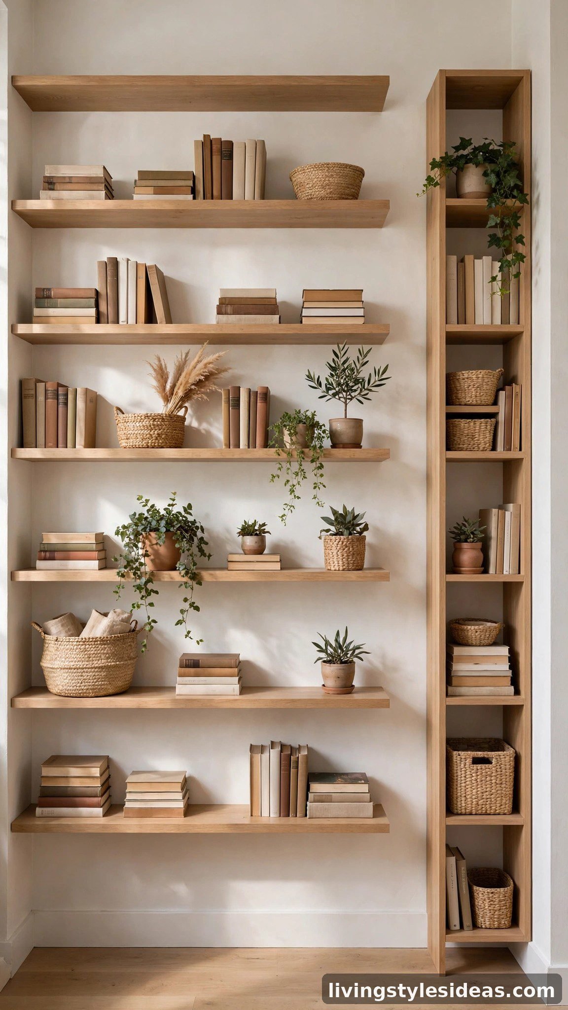 Floor-to-ceiling wall shelves maximizing vertical storage in a studio apartment