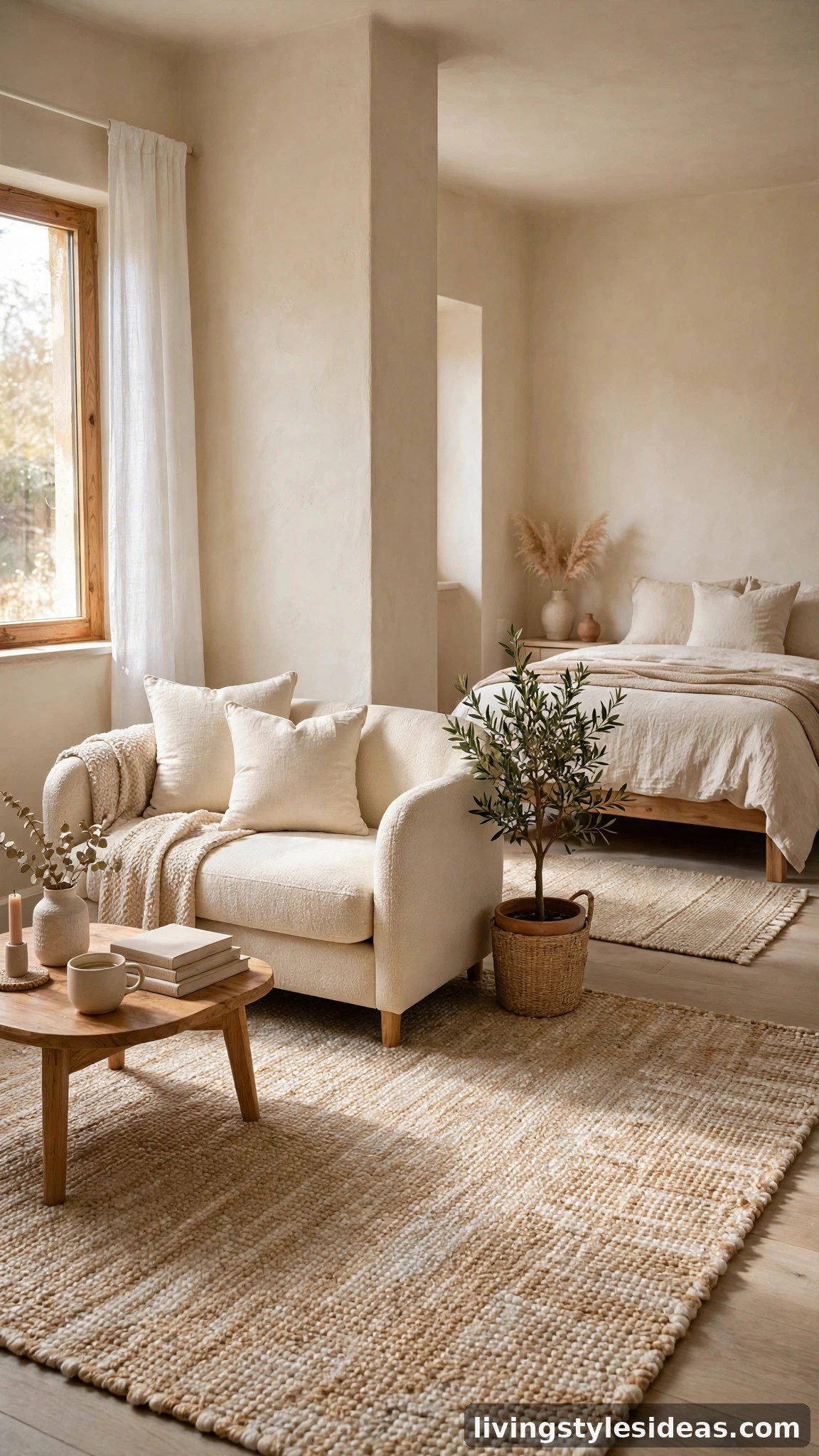 Coordinated rugs defining living and sleeping zones in a studio apartment