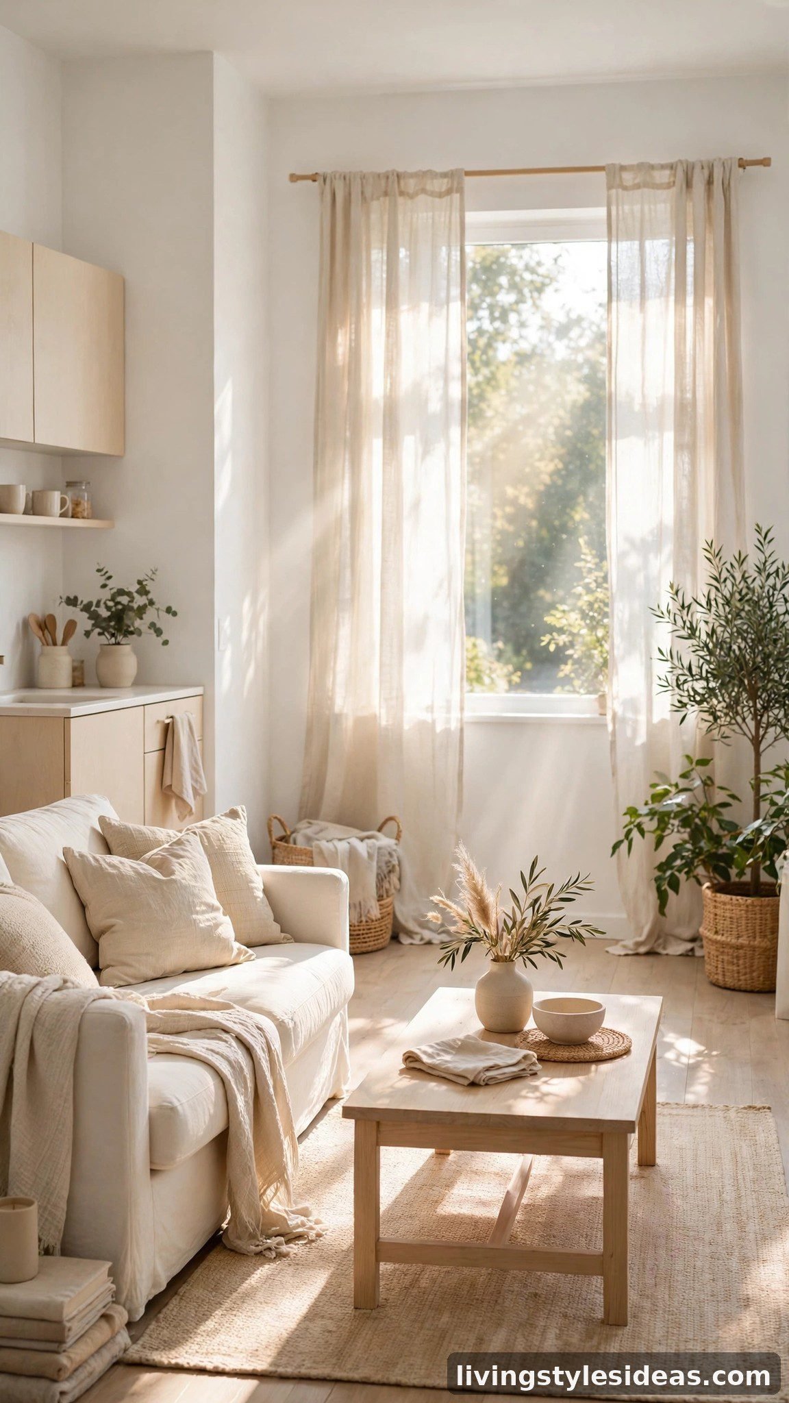 Light airy color palette making a small studio apartment feel bigger