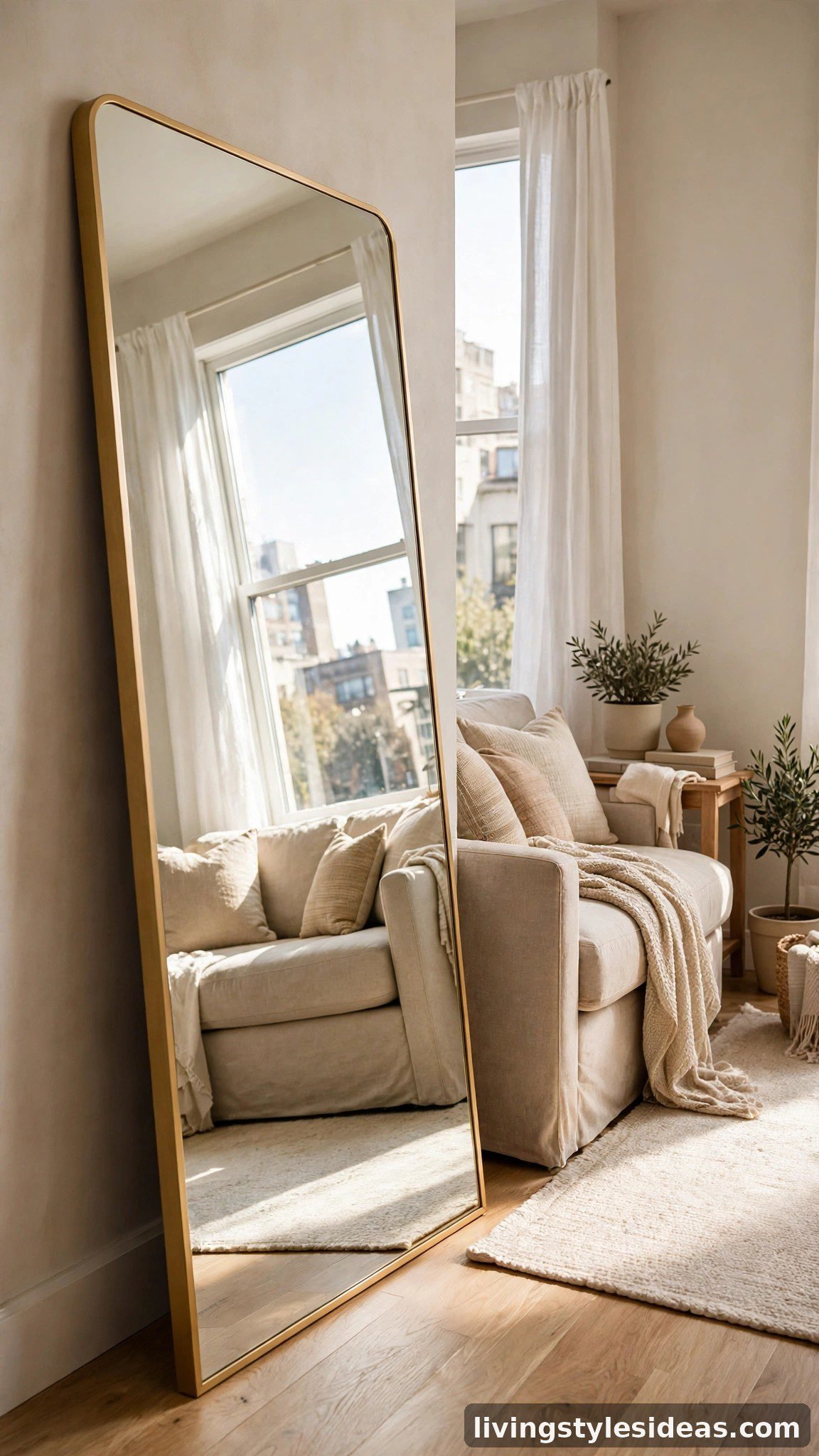 Oversized leaning mirror reflecting light in a small studio apartment